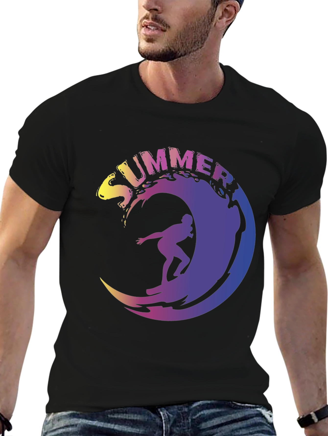 Summer Surfing Wave Graphic Tee - Black