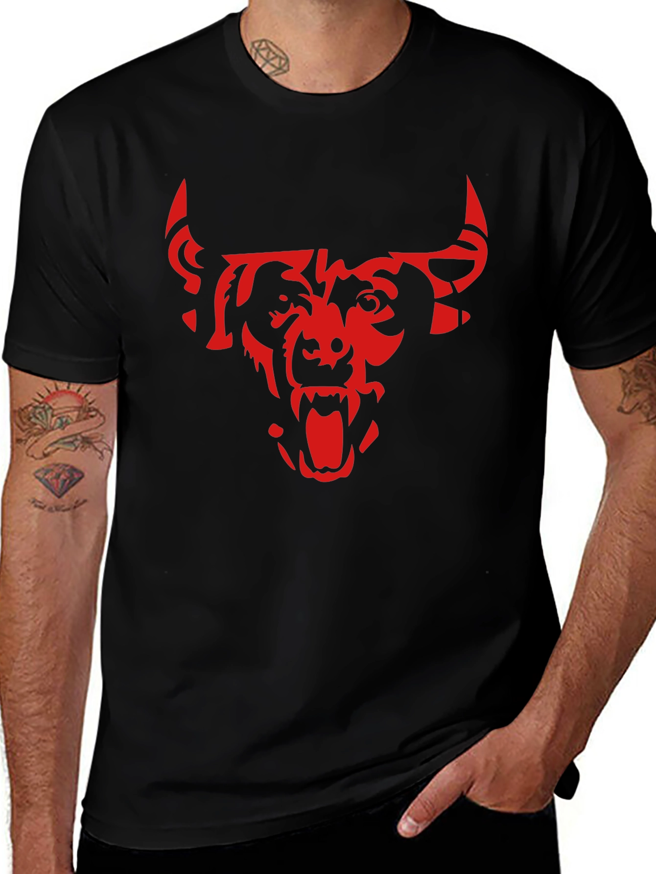 Mens Black T-Shirt with Red Bull Graphic