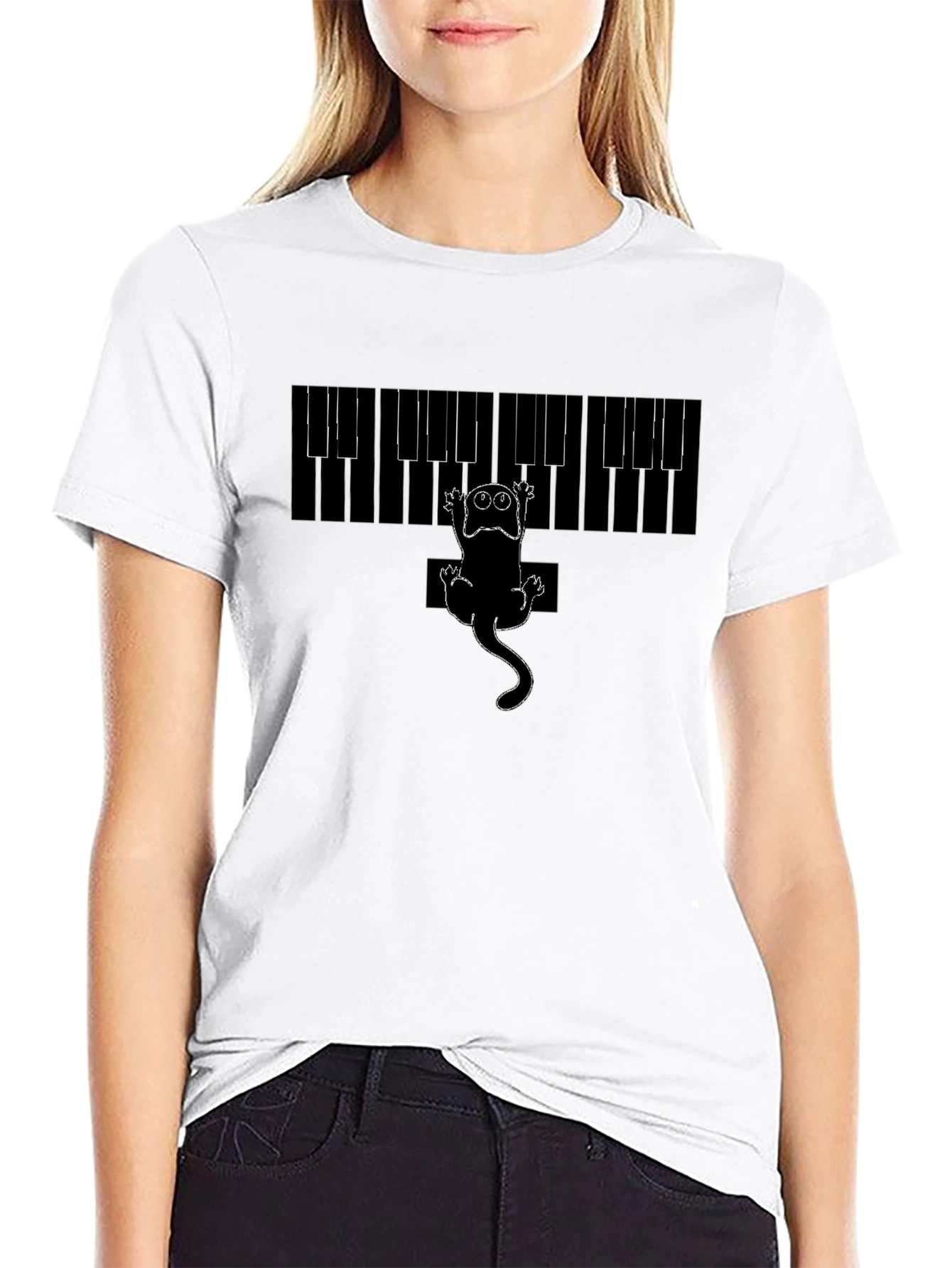 Piano Cat Graphic Tee - Black Cotton T-Shirt