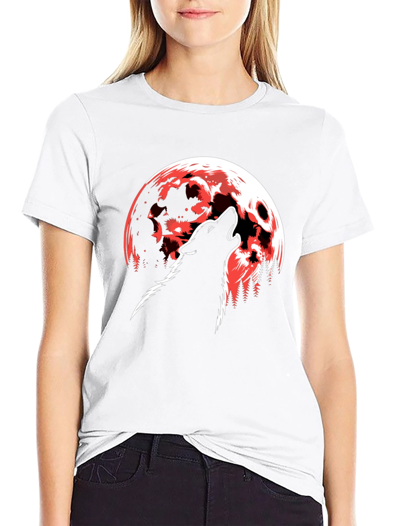 Wolf Howling at Red Moon Graphic T-Shirt - Black