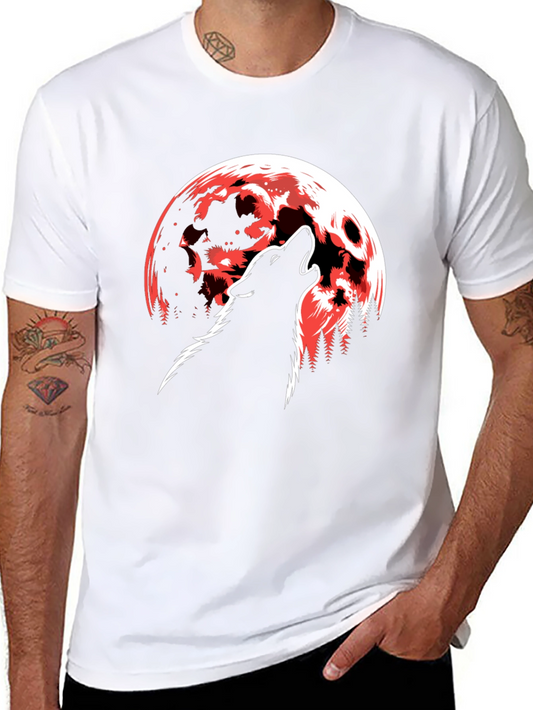 Wolf Howling at Red Moon Graphic T-Shirt - Black