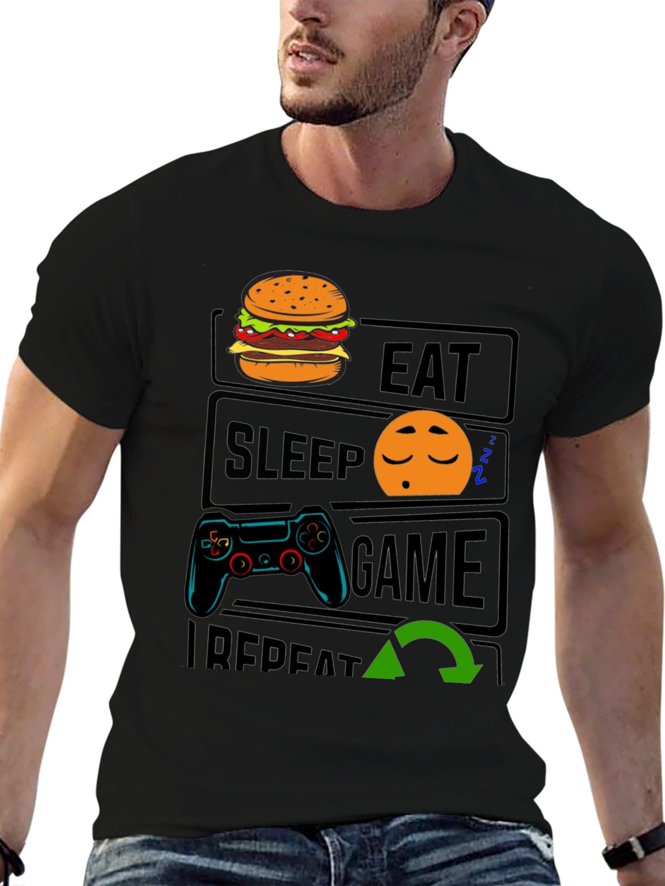 Eat Sleep Game Repeat Black T-Shirt