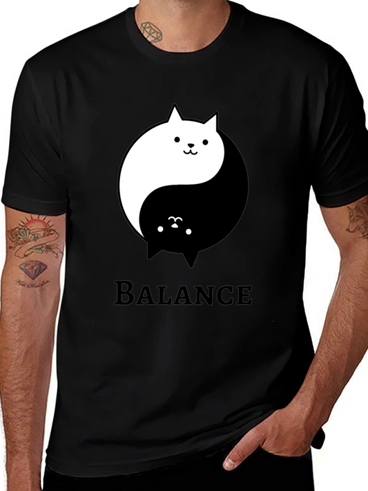 Yin Yang Cat Balance Graphic Tee - Black Cotton T-Shirt