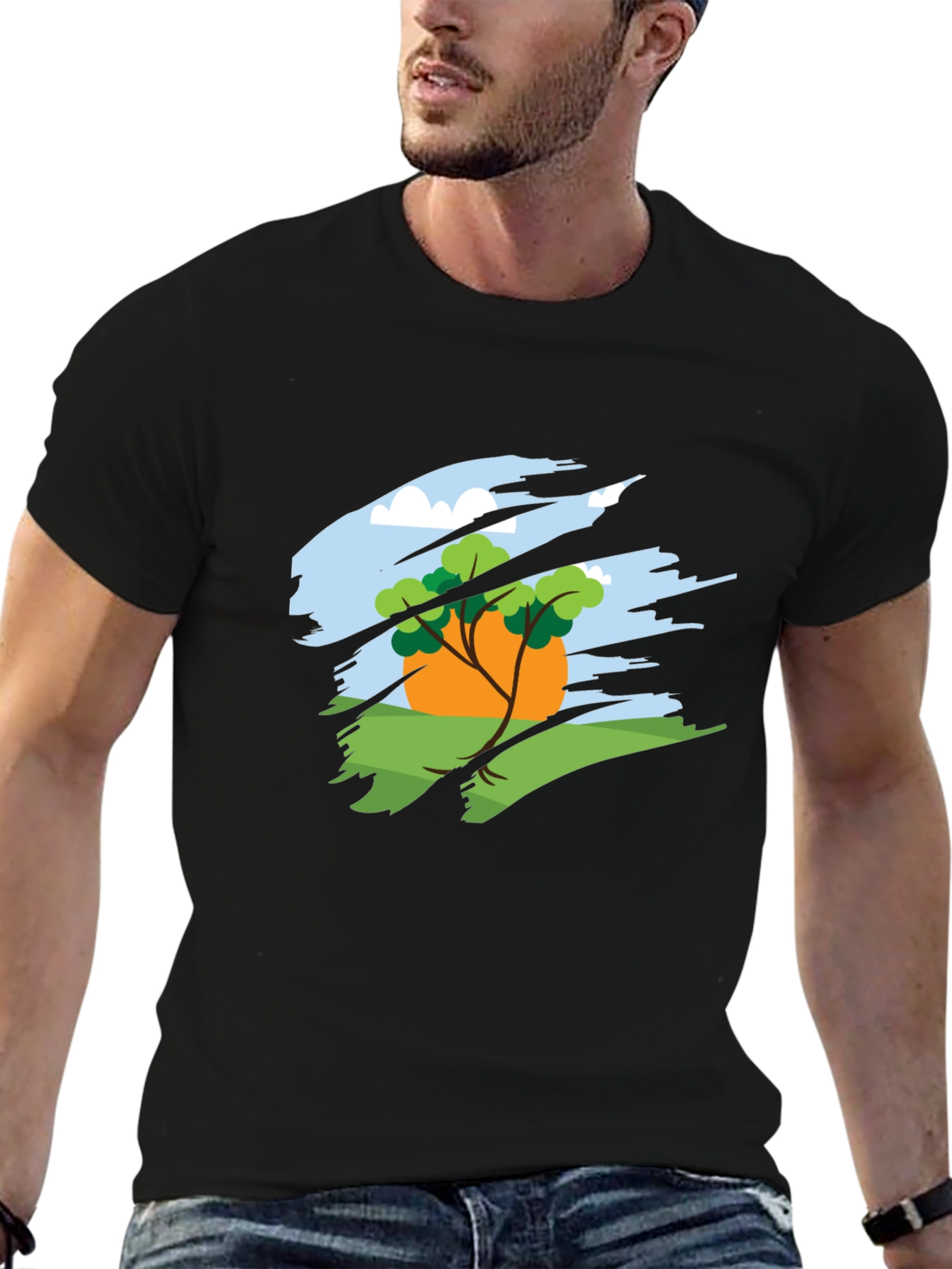 Nature Scene Graphic Tee - Black Cotton Blend