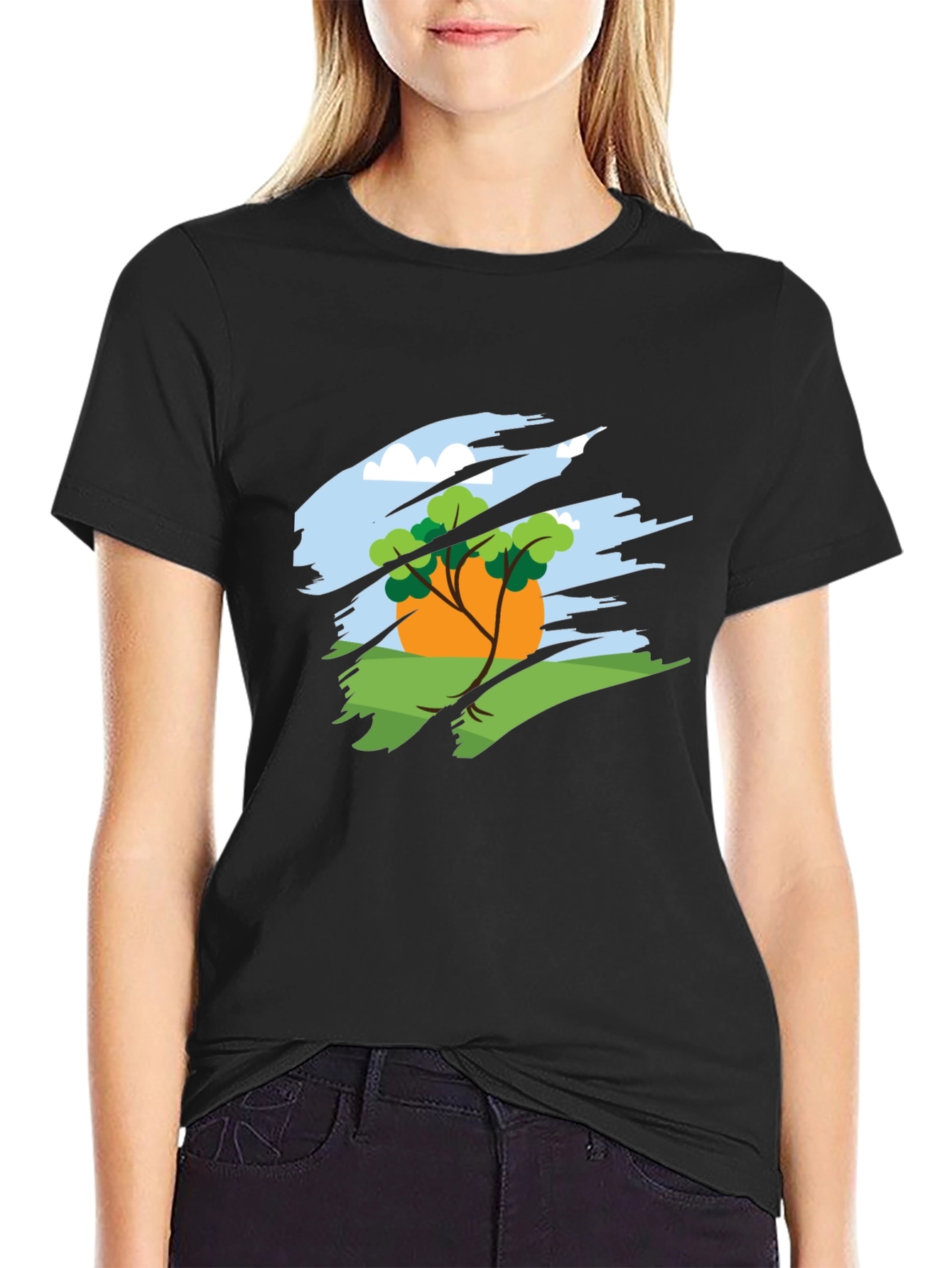 Nature Scene Graphic Tee - Black Cotton Blend