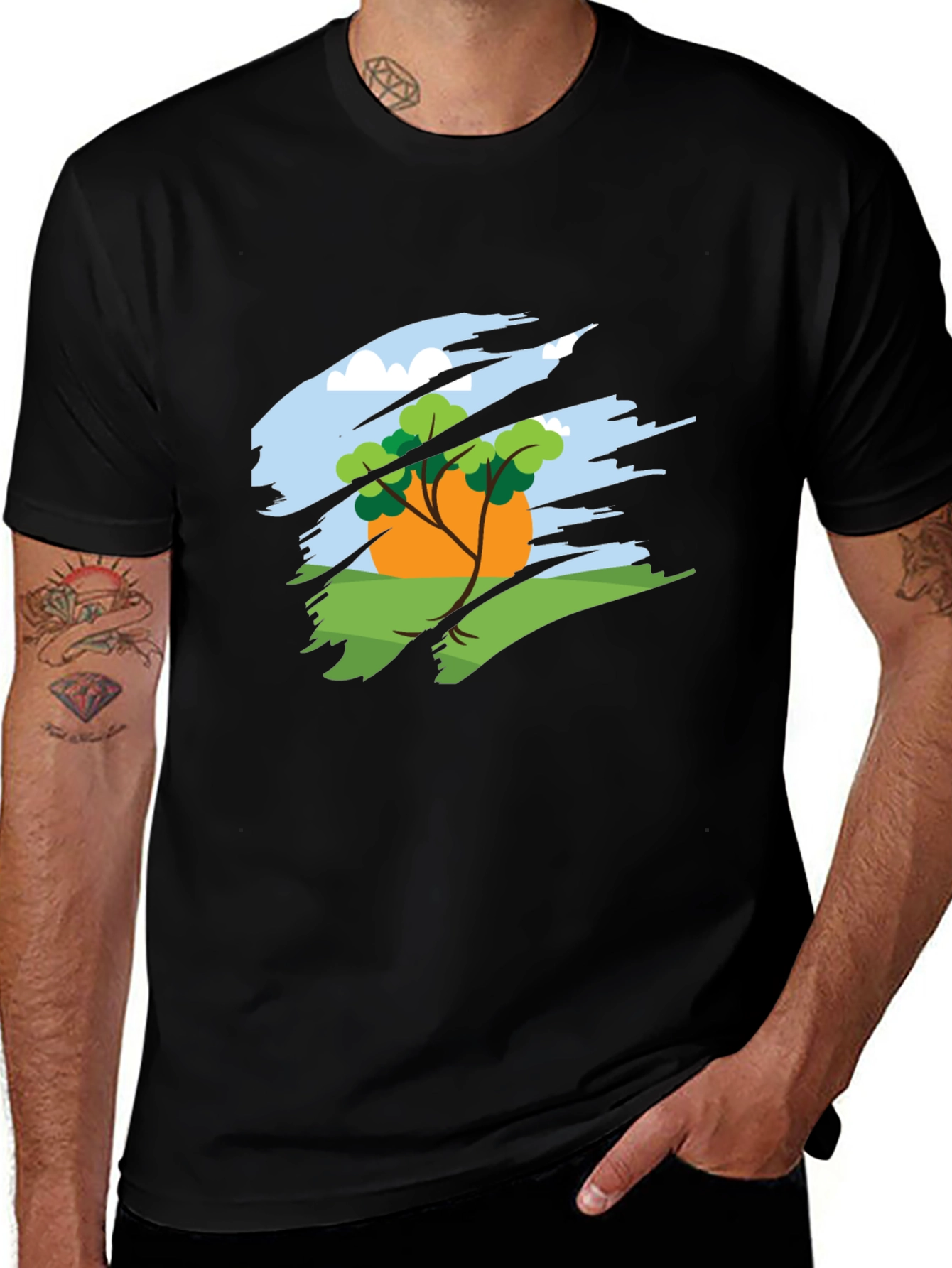 Nature Scene Graphic Tee - Black Cotton Blend
