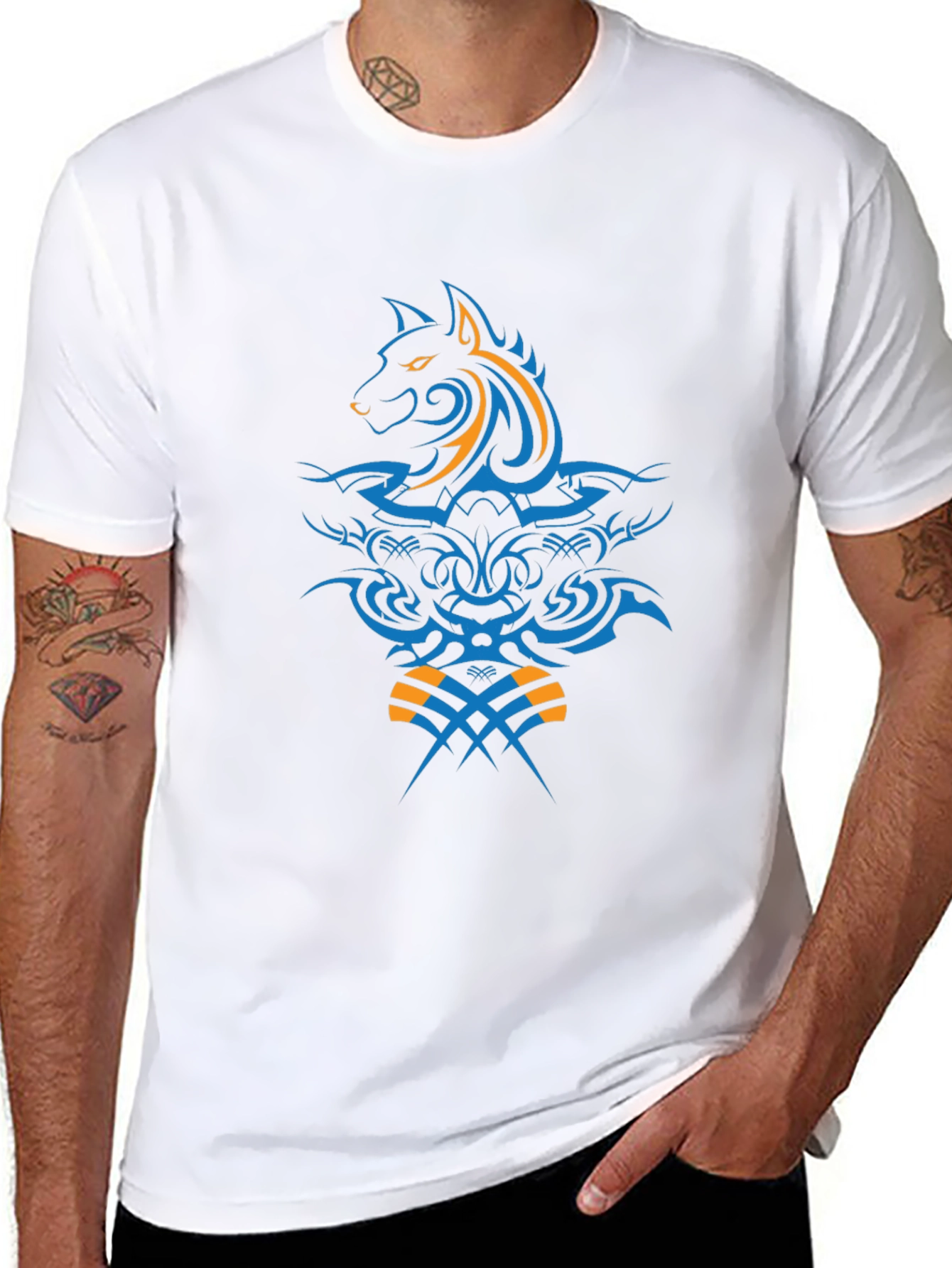 Tribal Wolf Design Black T-Shirt