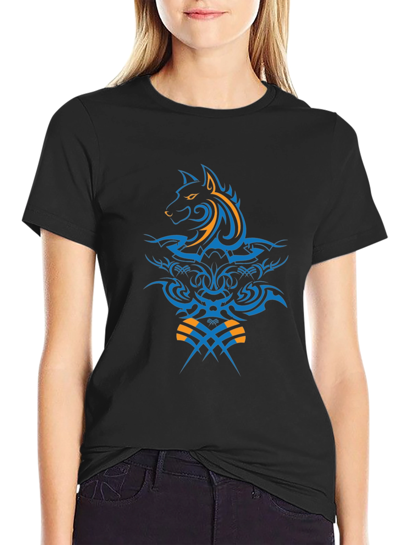 Tribal Wolf Design Black T-Shirt