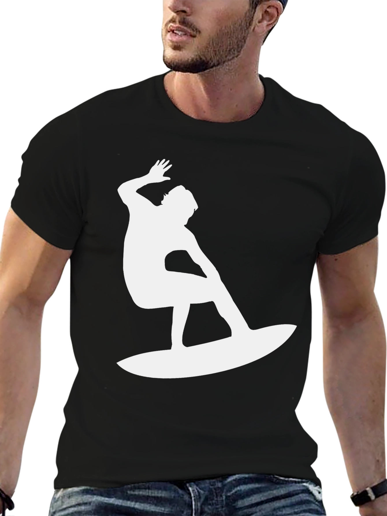 Surfer Silhouette Graphic Tee - Black Cotton T-Shirt