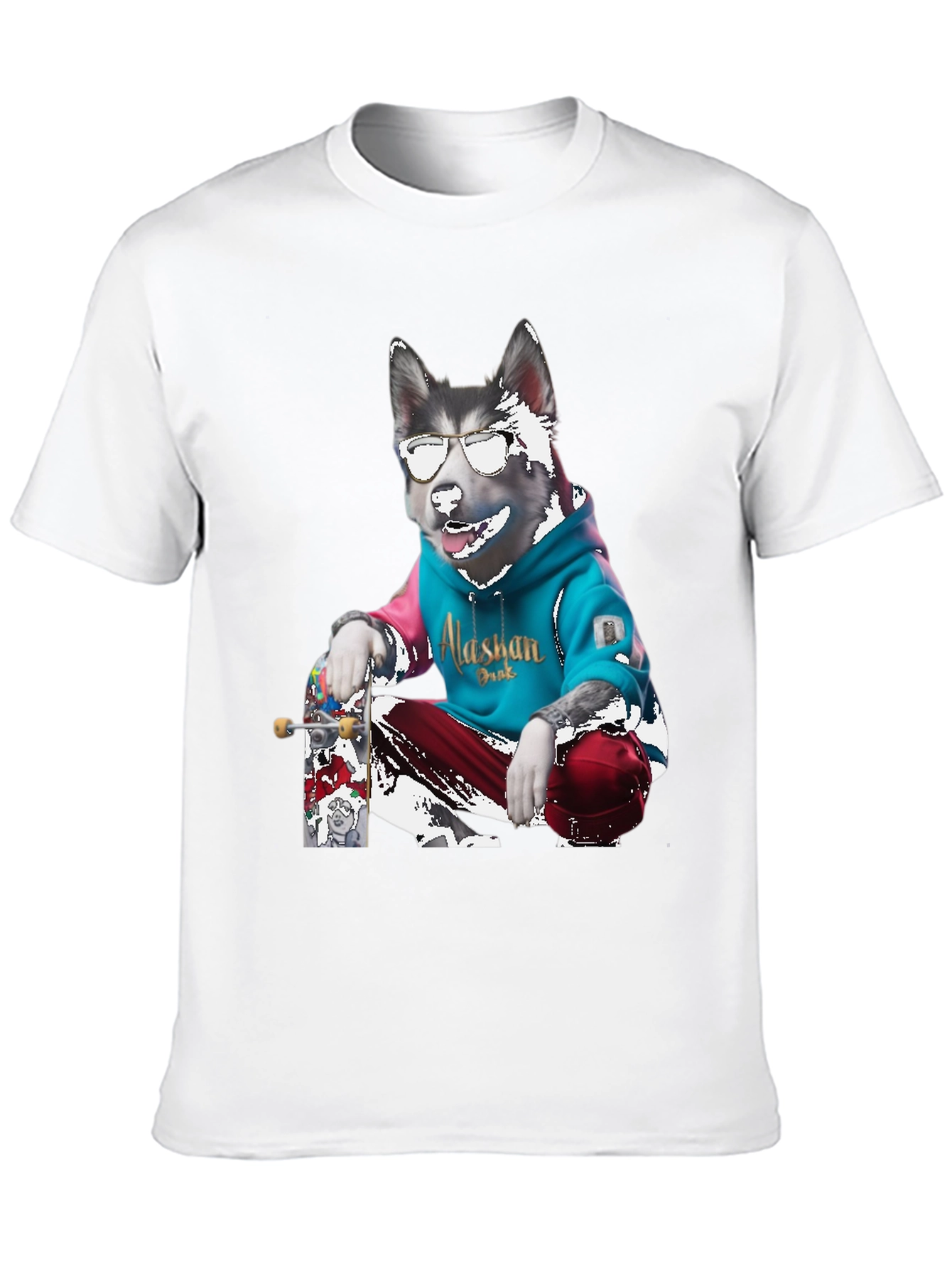 Cool Alaskan Skateboarding Dog Graphic T-Shirt