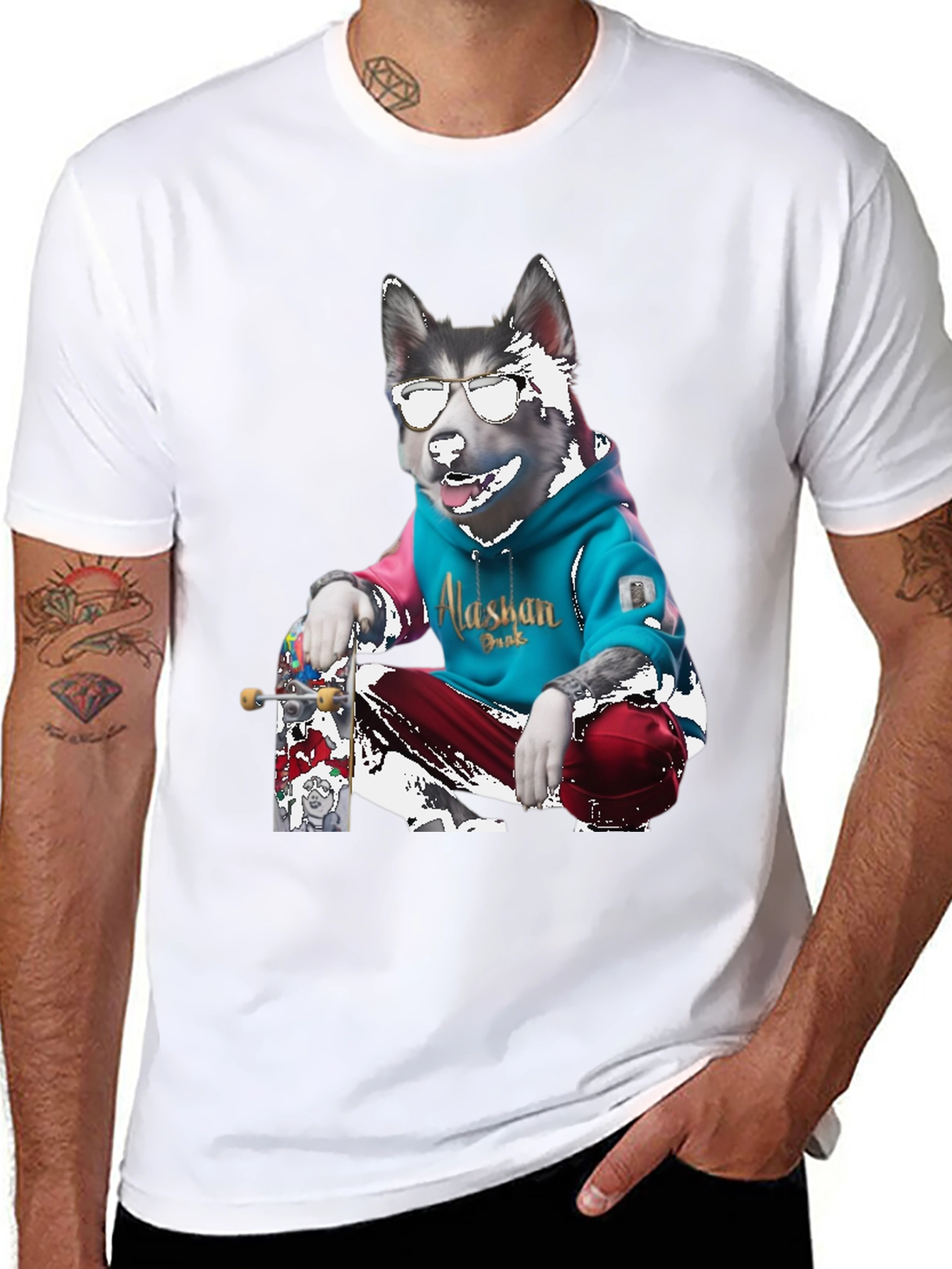 Cool Alaskan Skateboarding Dog Graphic T-Shirt