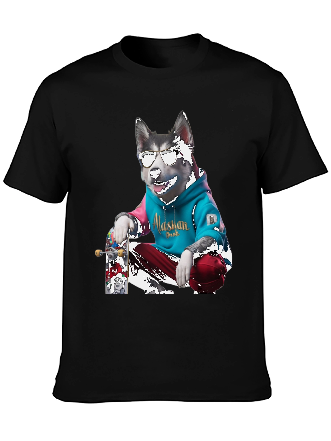 Cool Alaskan Skateboarding Dog Graphic T-Shirt
