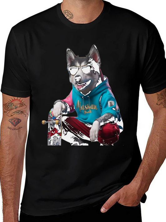 Cool Alaskan Skateboarding Dog Graphic T-Shirt