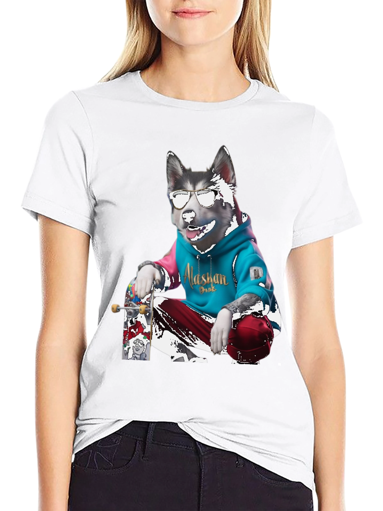 Cool Alaskan Skateboarding Dog Graphic T-Shirt