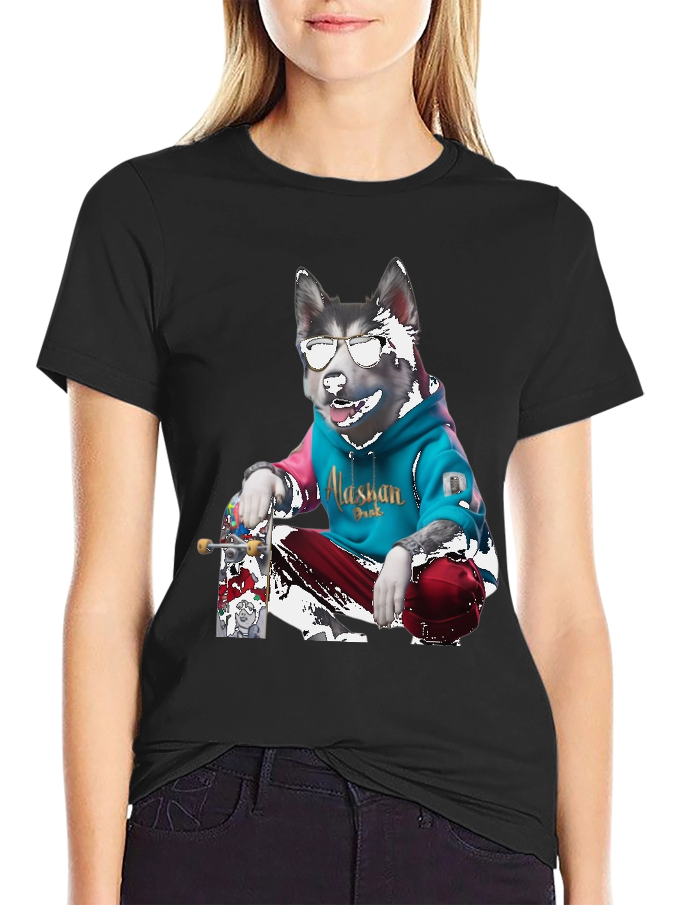 Cool Alaskan Skateboarding Dog Graphic T-Shirt