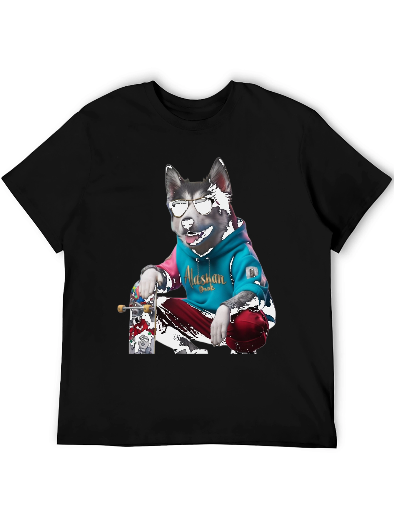 Cool Alaskan Skateboarding Dog Graphic T-Shirt