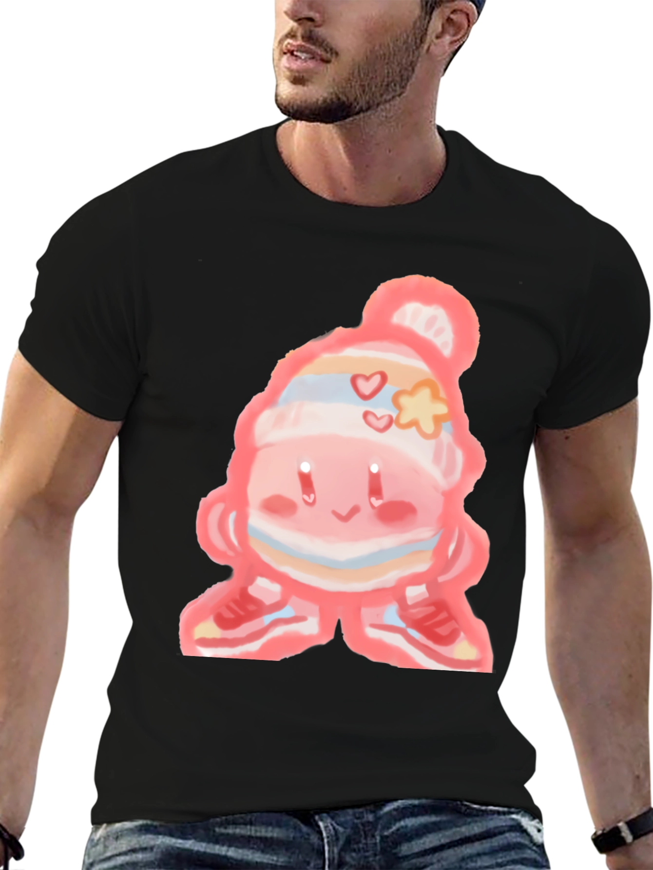Cute Cartoon Character on Black T-Shirt