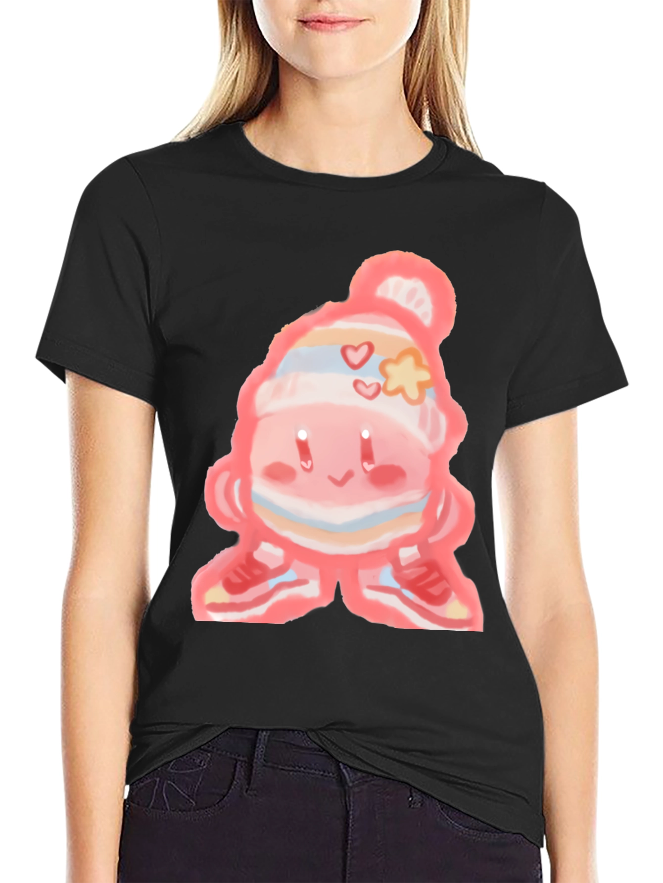 Cute Cartoon Character on Black T-Shirt