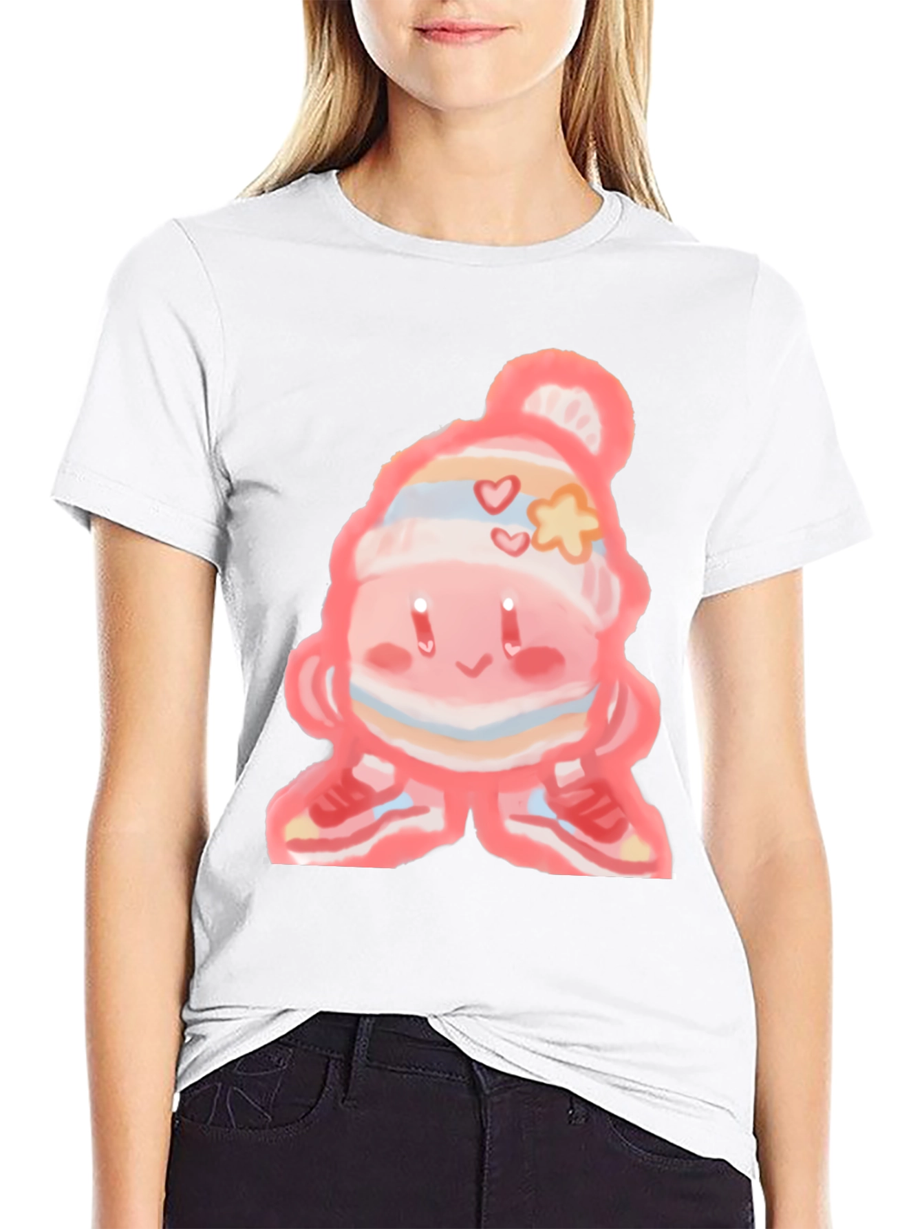 Cute Cartoon Character on Black T-Shirt