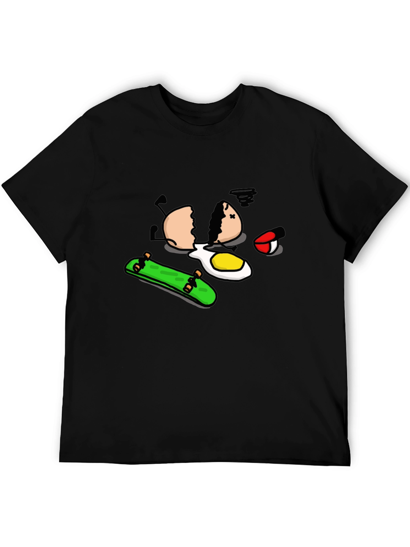 Skateboarding Egg Cartoon Graphic Black T-Shirt
