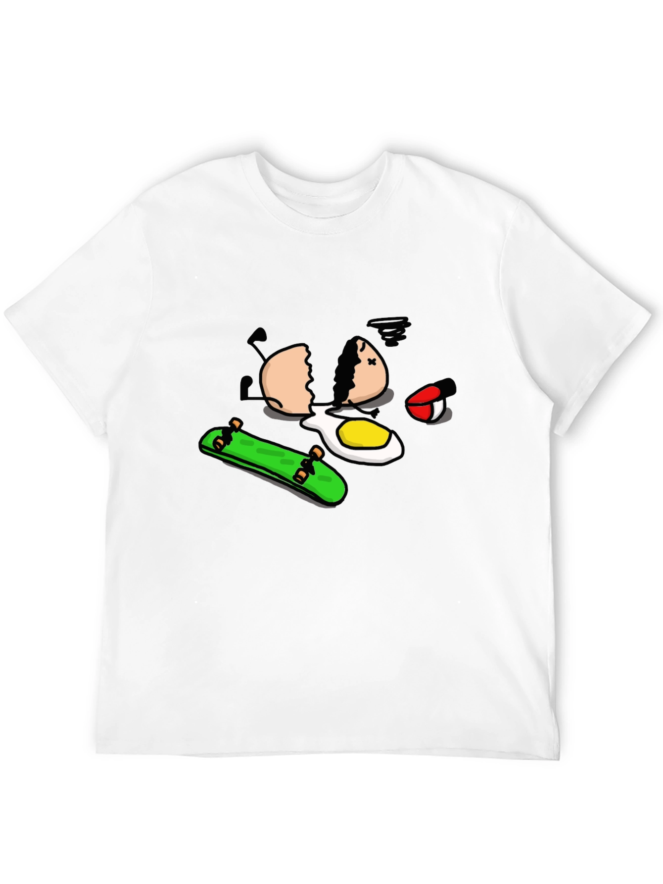 Skateboarding Egg Cartoon Graphic Black T-Shirt