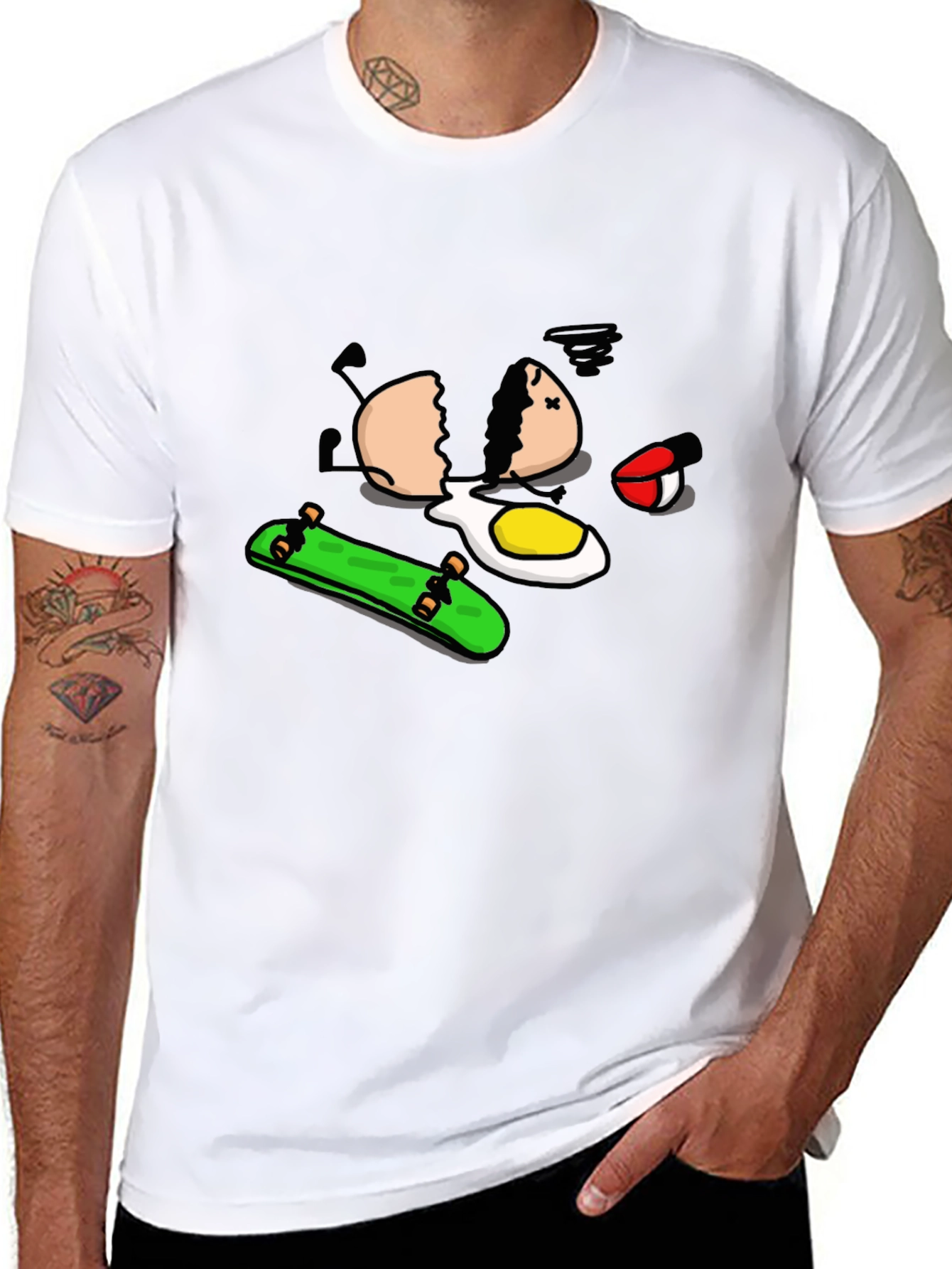 Skateboarding Egg Cartoon Graphic Black T-Shirt