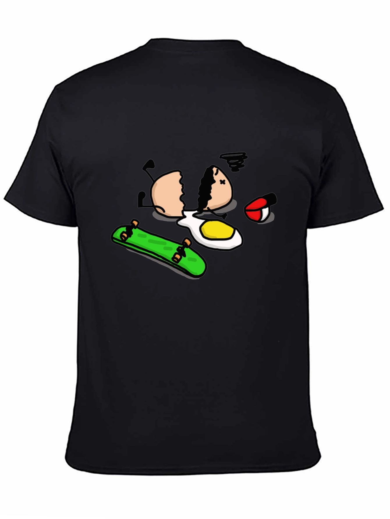Skateboarding Egg Cartoon Graphic Black T-Shirt
