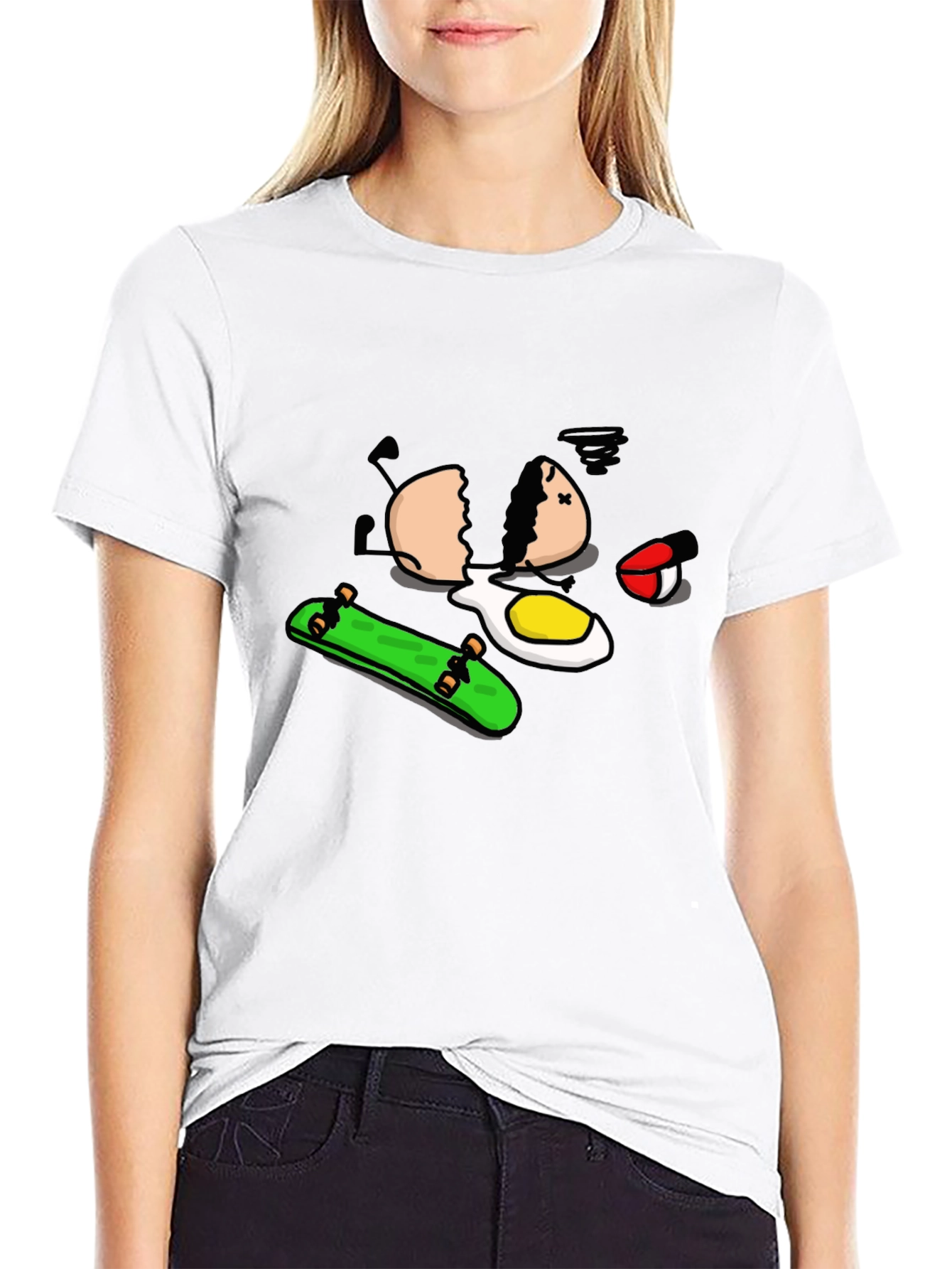 Skateboarding Egg Cartoon Graphic Black T-Shirt