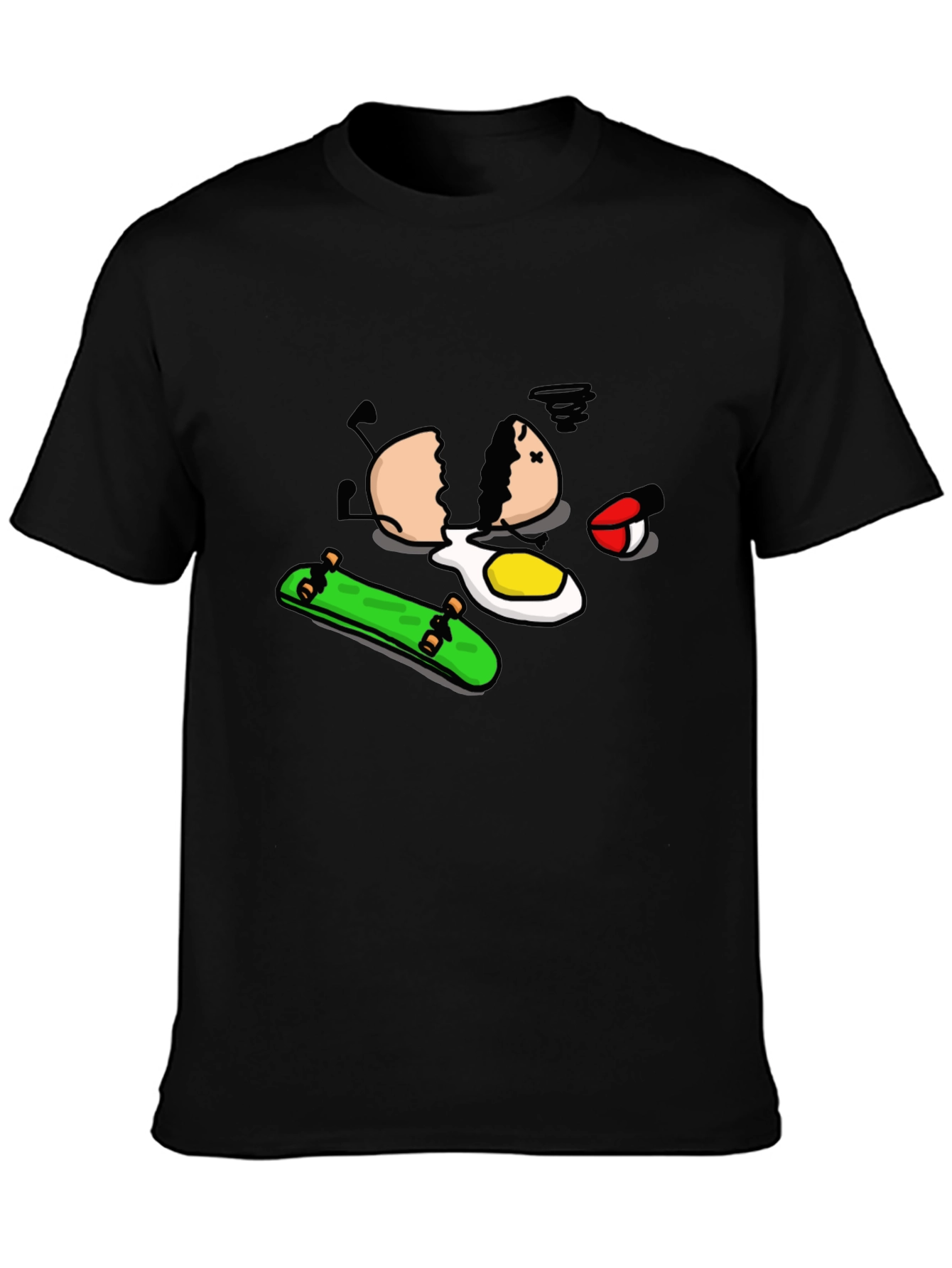 Skateboarding Egg Cartoon Graphic Black T-Shirt