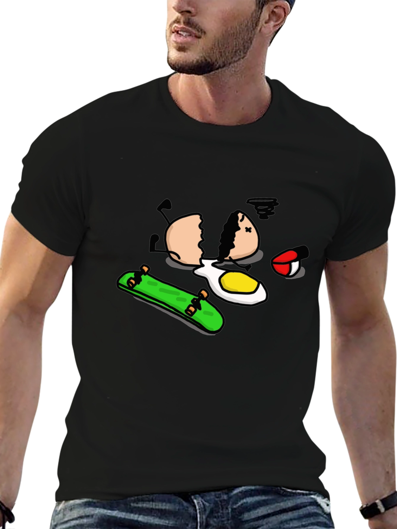 Skateboarding Egg Cartoon Graphic Black T-Shirt