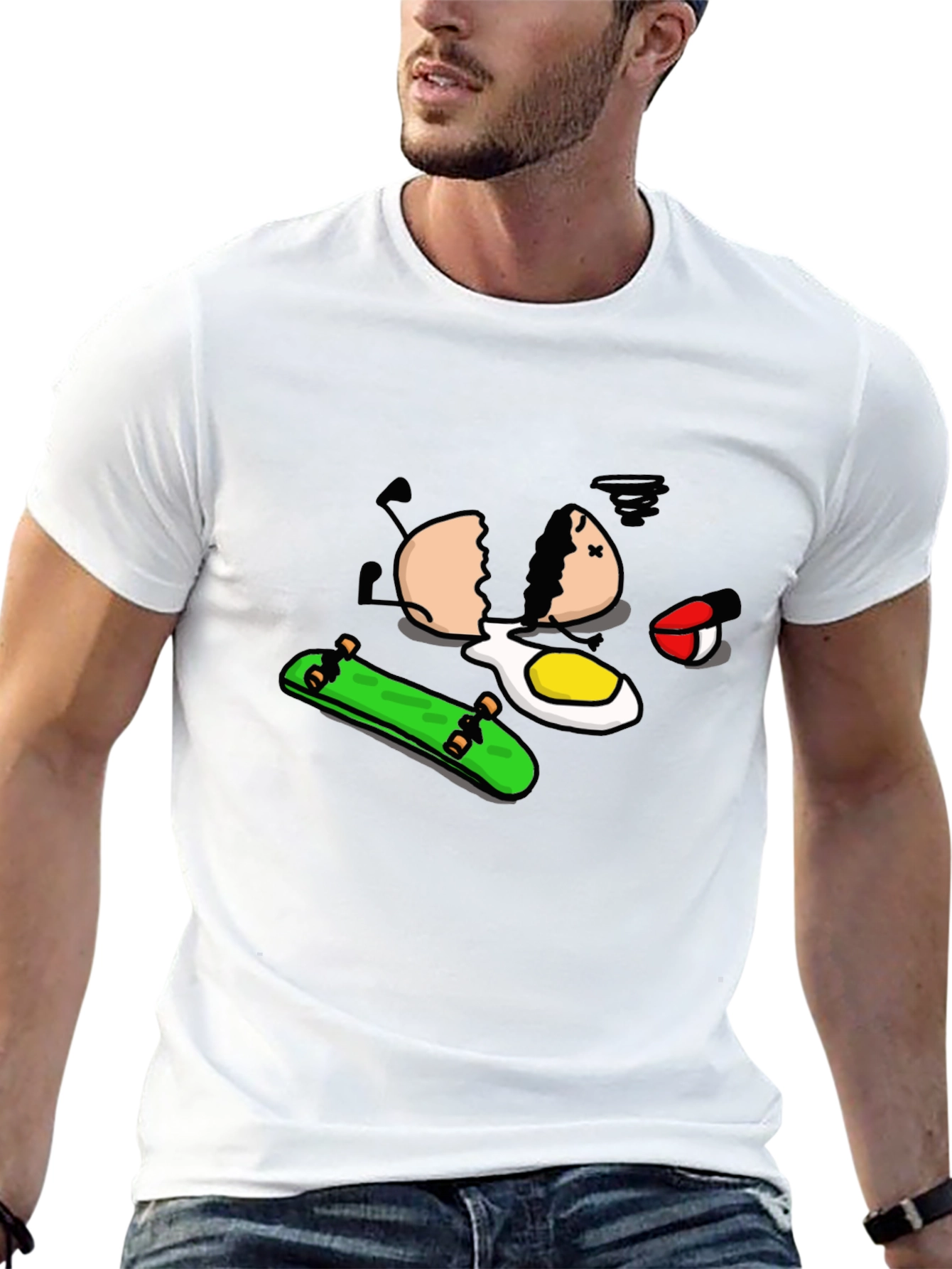 Skateboarding Egg Cartoon Graphic Black T-Shirt