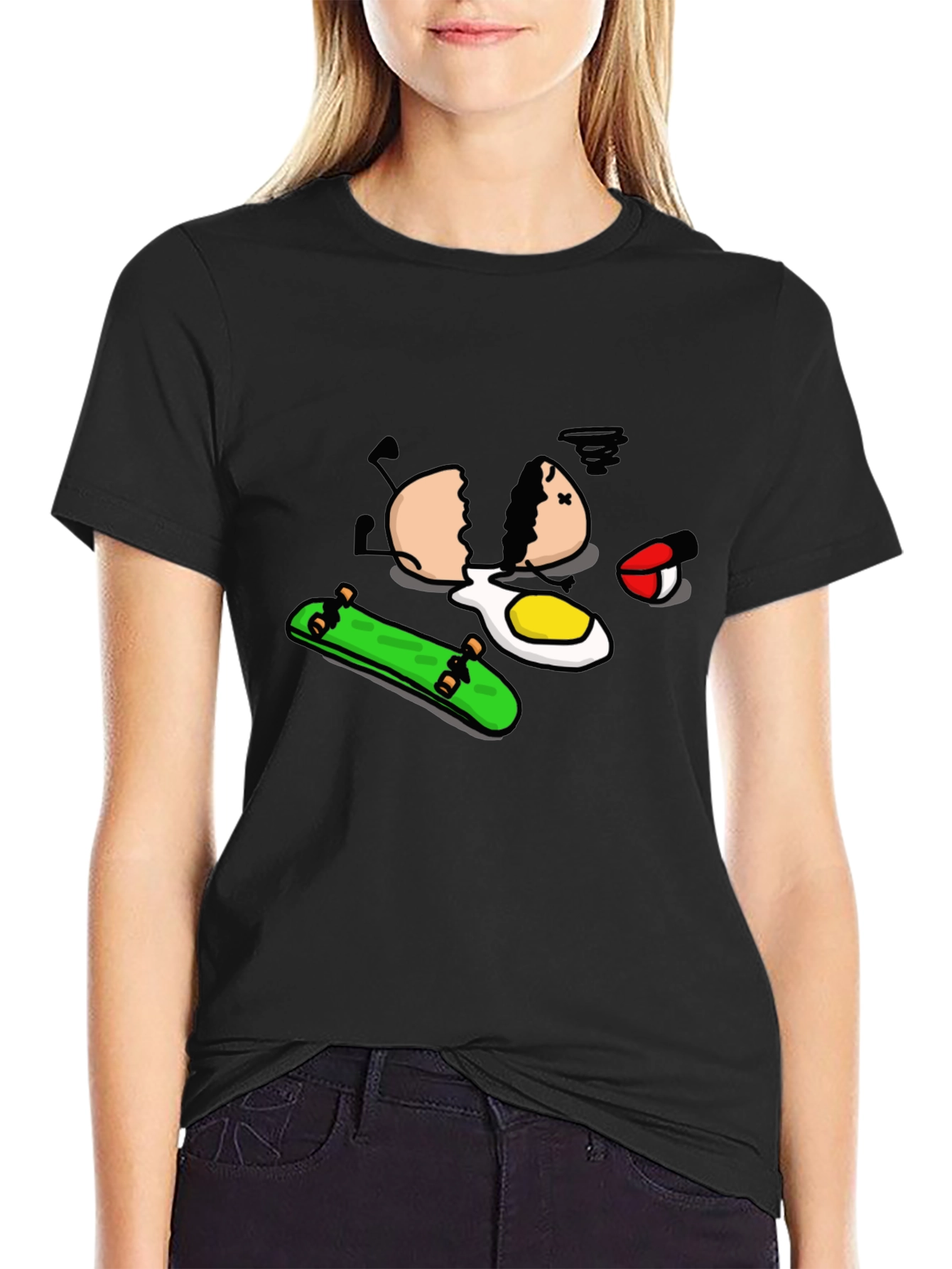 Skateboarding Egg Cartoon Graphic Black T-Shirt