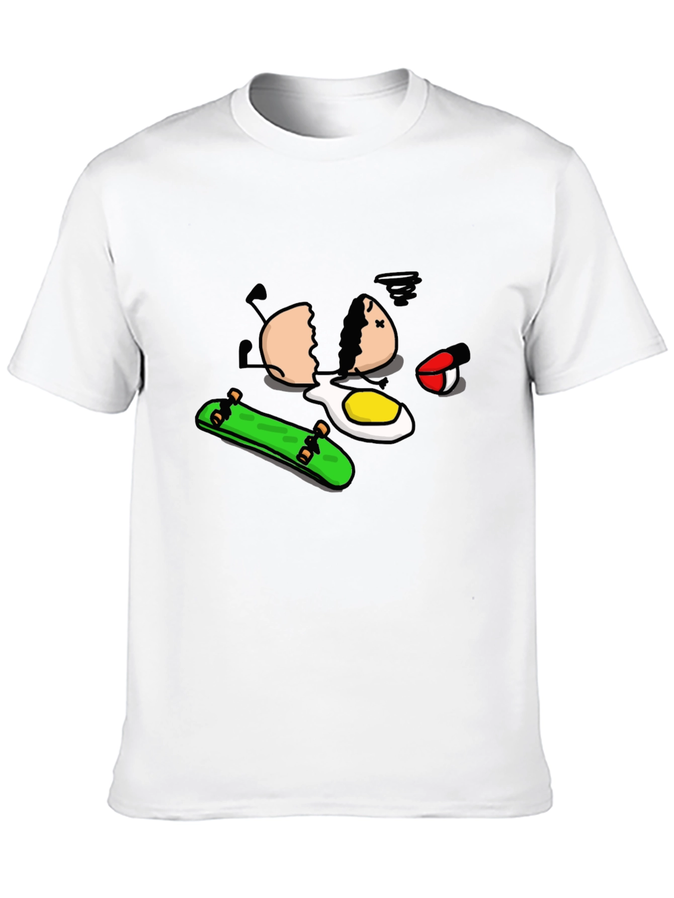 Skateboarding Egg Cartoon Graphic Black T-Shirt