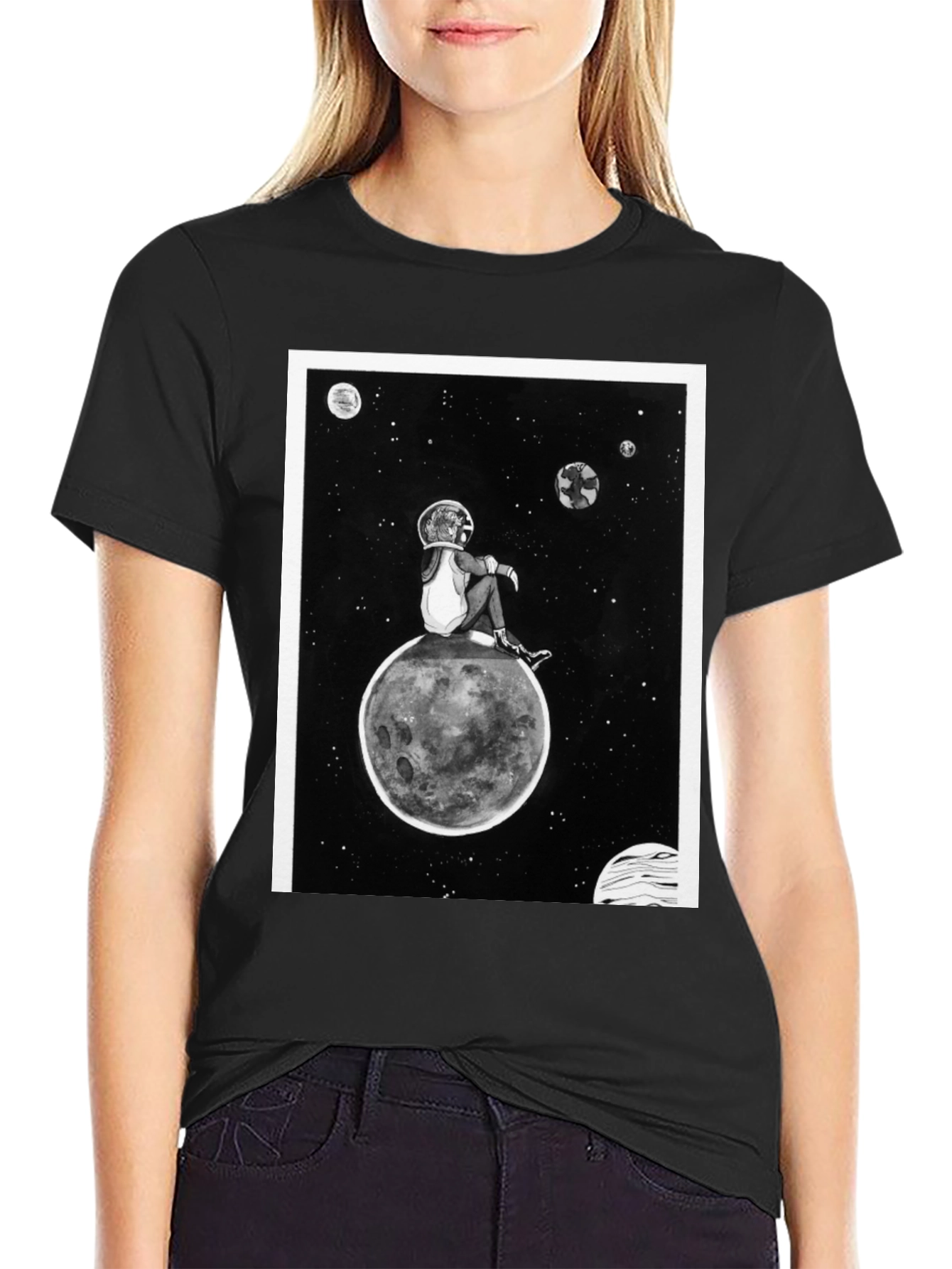 Astronaut on Moon Graphic Black T-Shirt
