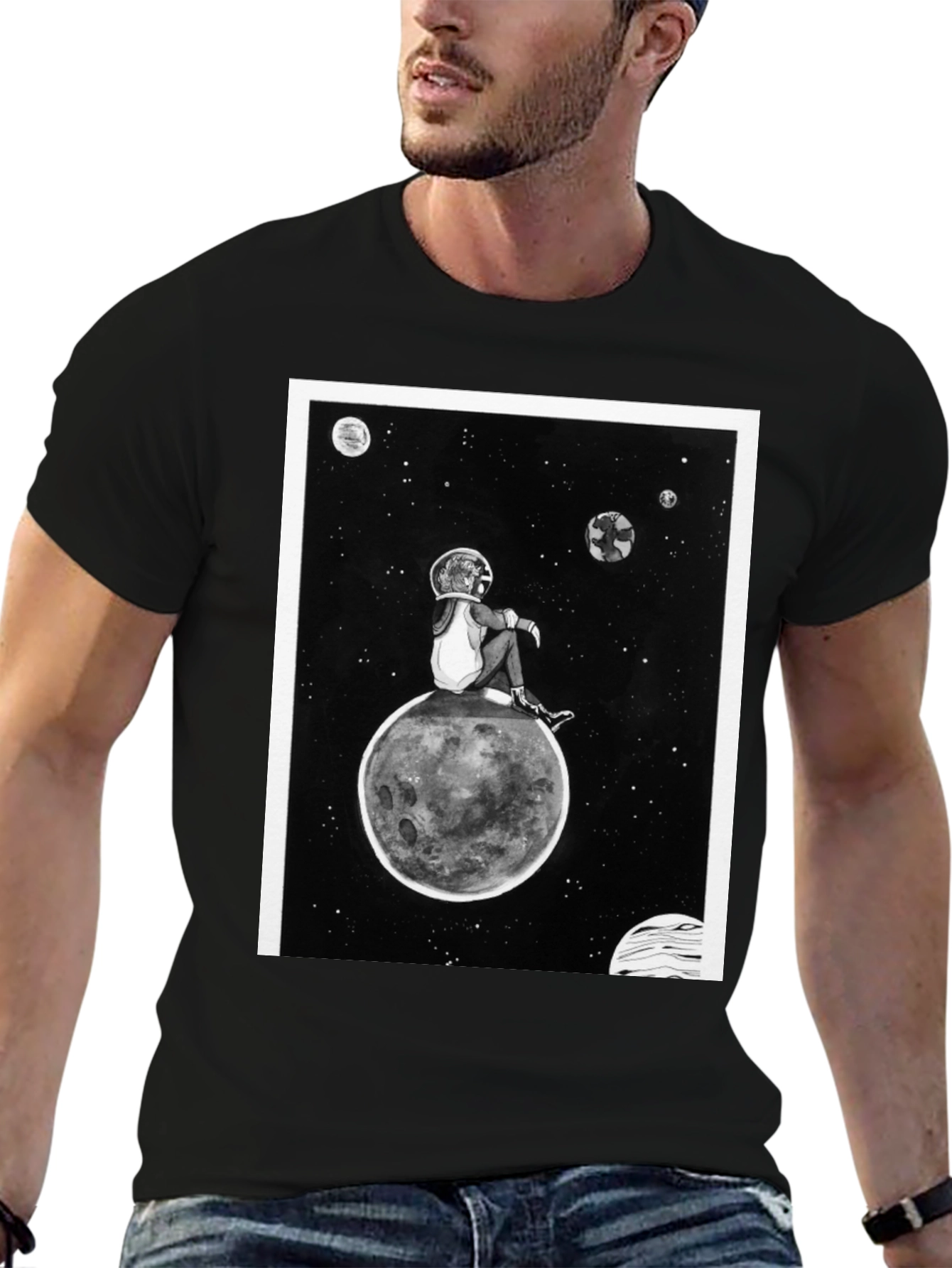 Astronaut on Moon Graphic Black T-Shirt