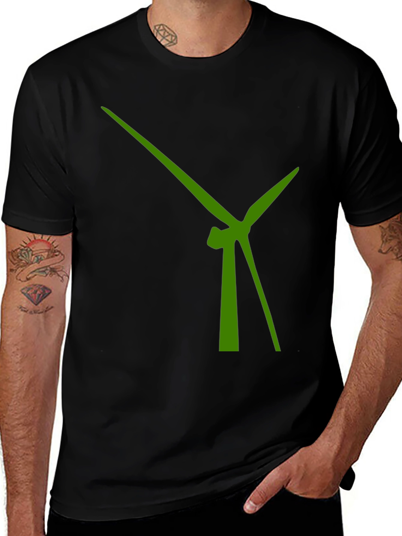 Modern Green Windmill Design Black T-Shirt