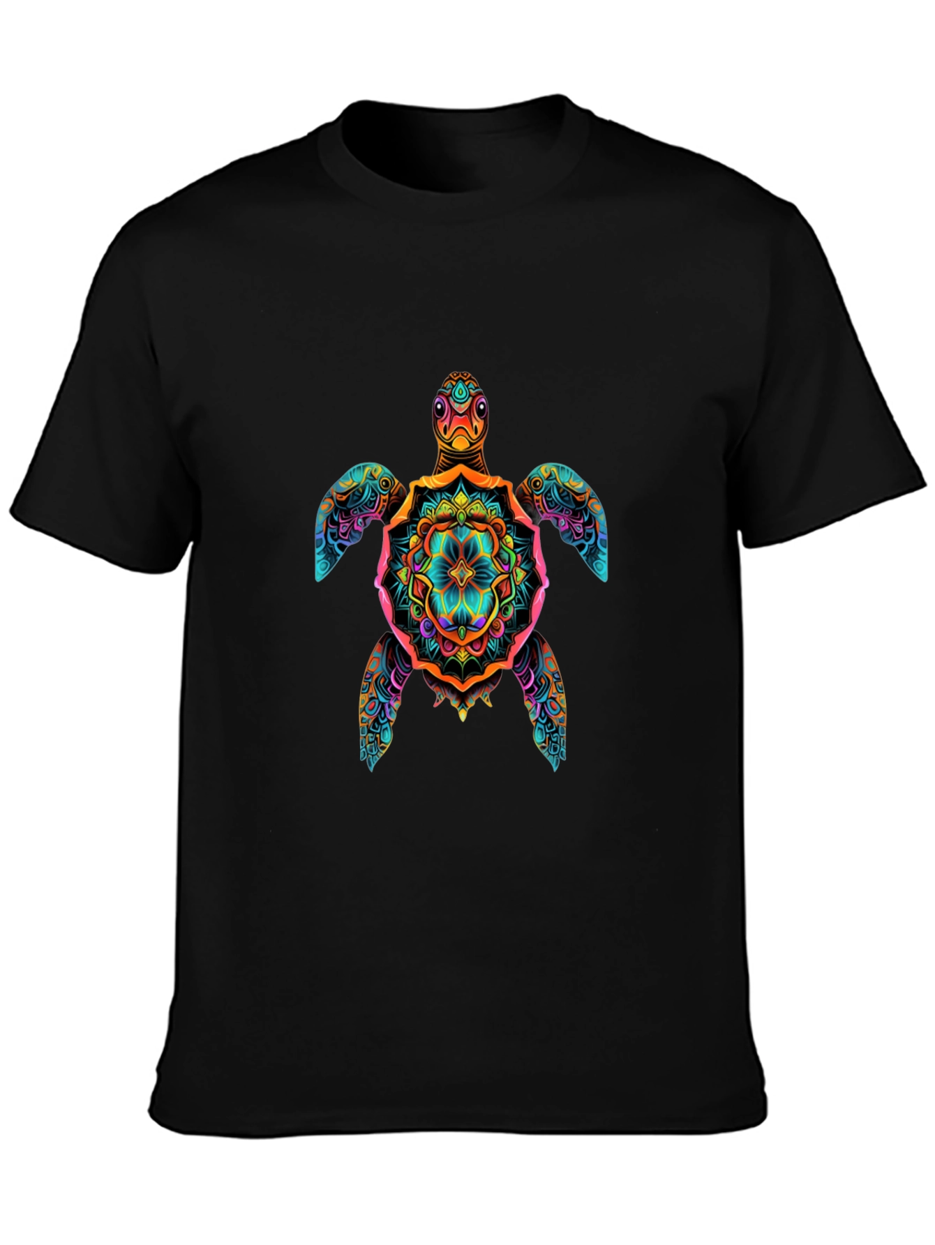 Vibrant Turtle Mandala Graphic Print Black T-Shirt