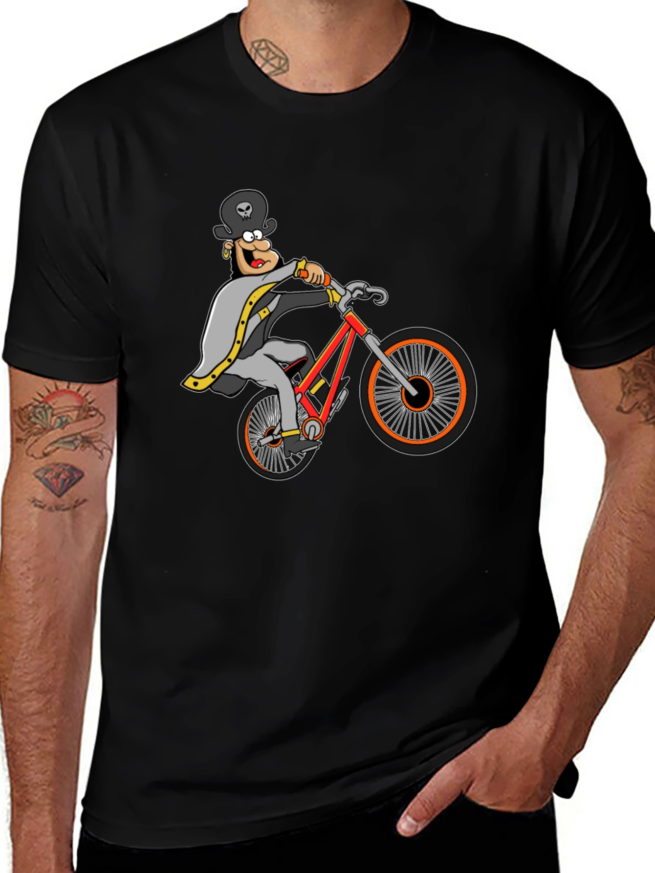 Black T-Shirt with Cartoon Cyclist Graphic
