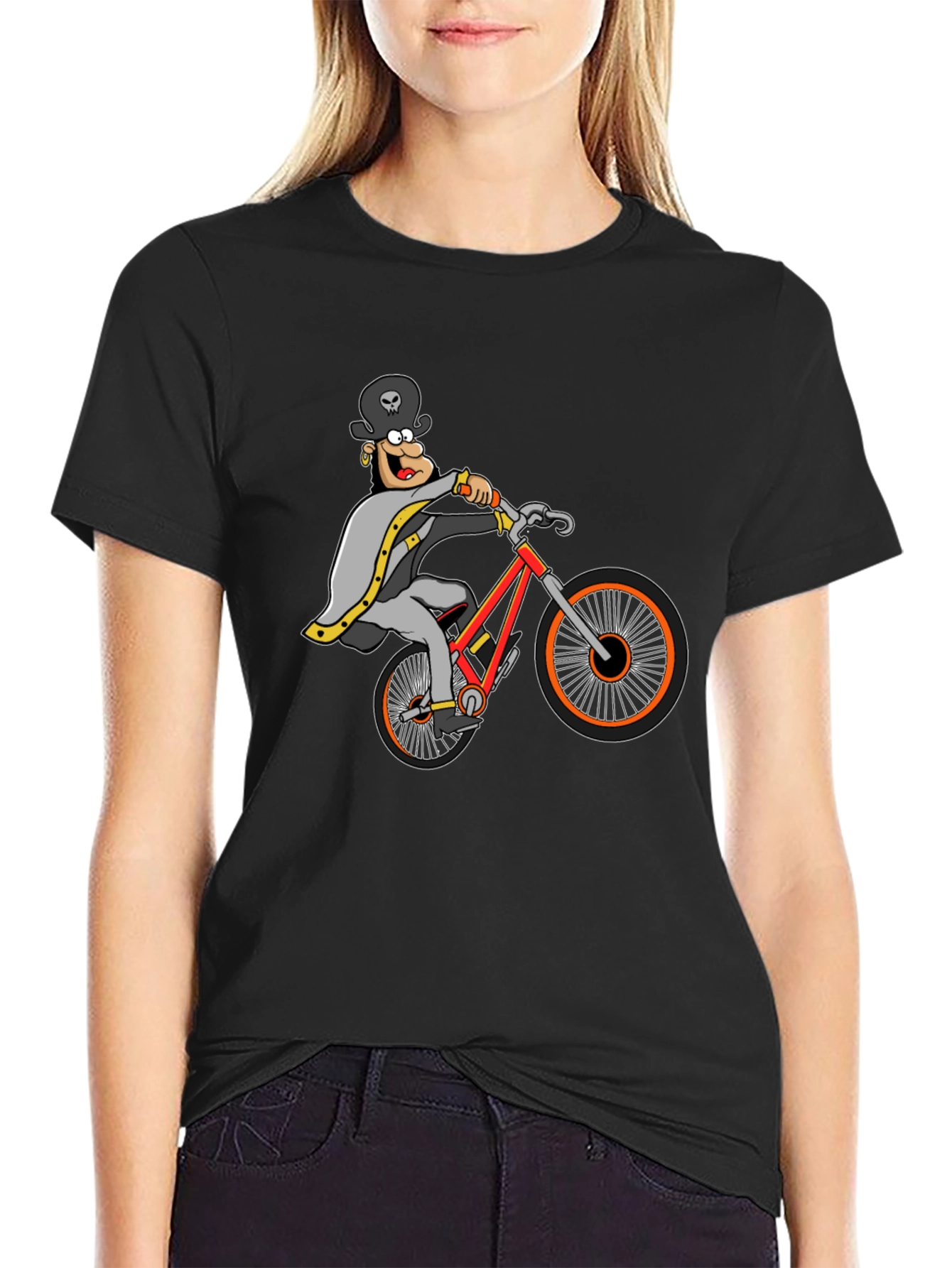 Black T-Shirt with Cartoon Cyclist Graphic
