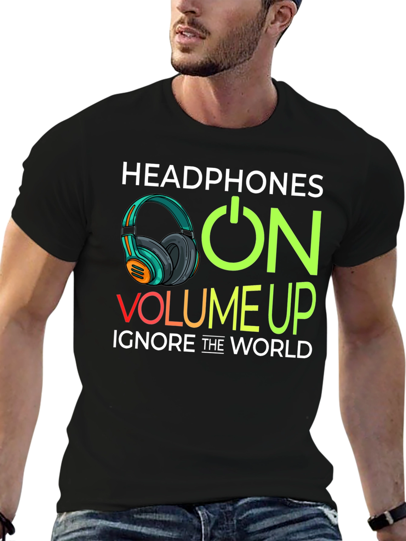 Headphones On Volume Up Black T-Shirt
