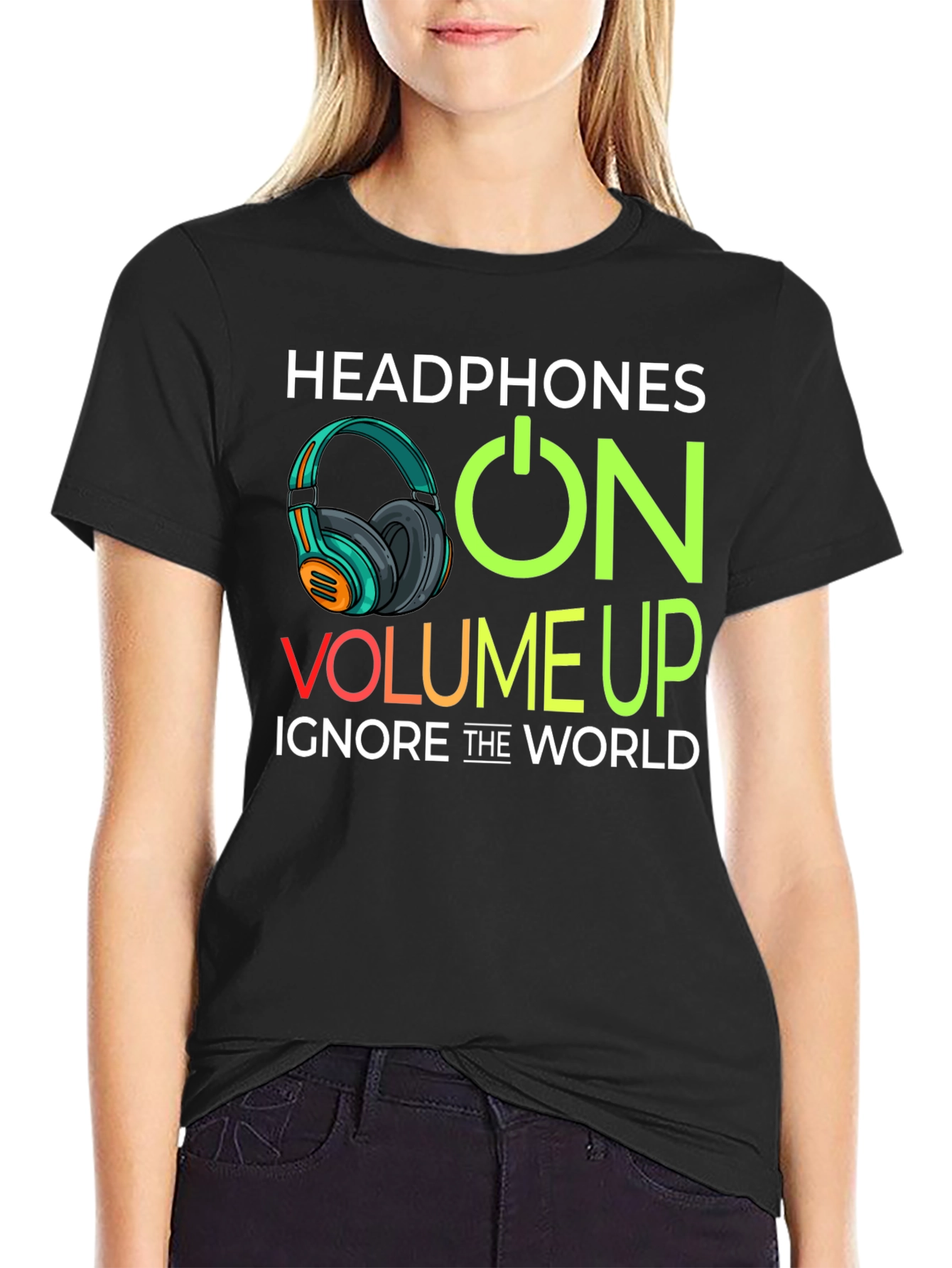 Headphones On Volume Up Black T-Shirt
