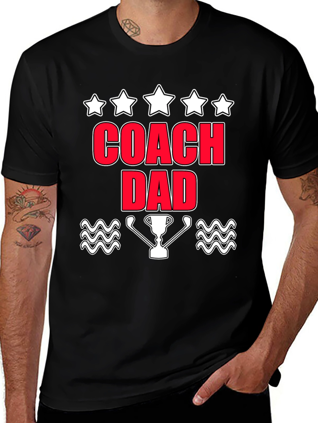Coach Dad T-Shirt with Trophy & Stars Graphic Tee