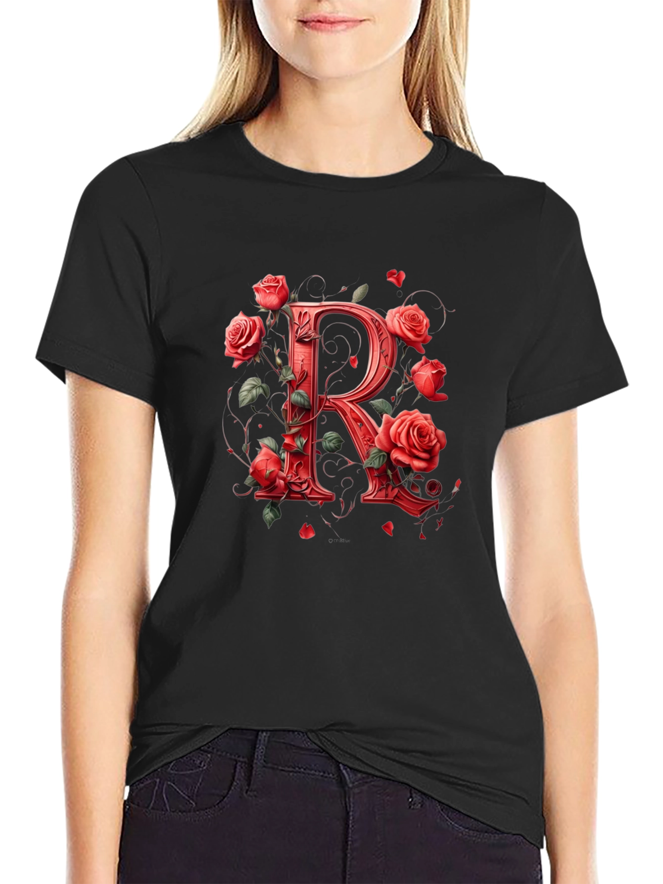 Floral R Black T-Shirt