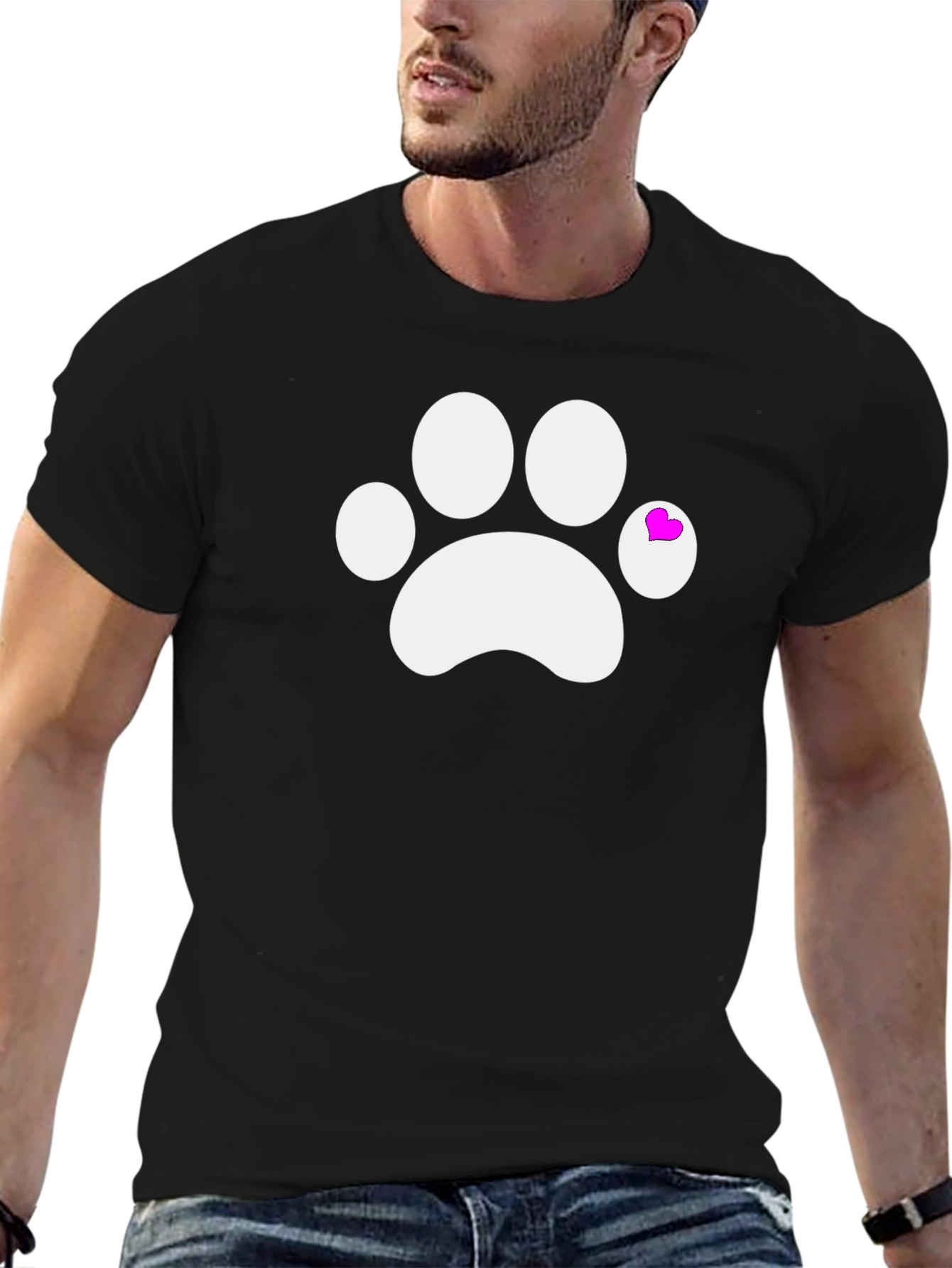 Cute Paw Print Tee with Heart Detail - Black