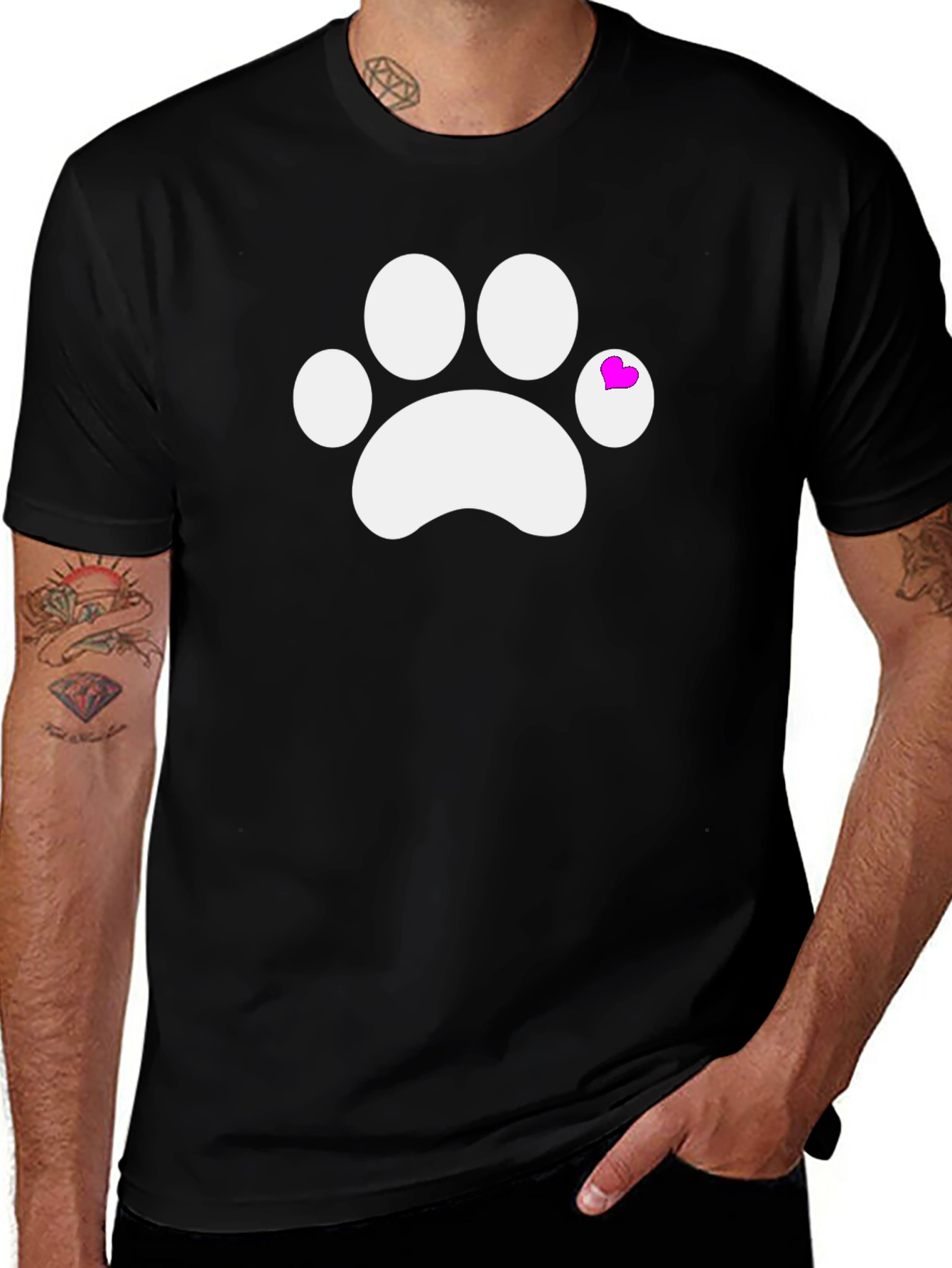 Cute Paw Print Tee with Heart Detail - Black