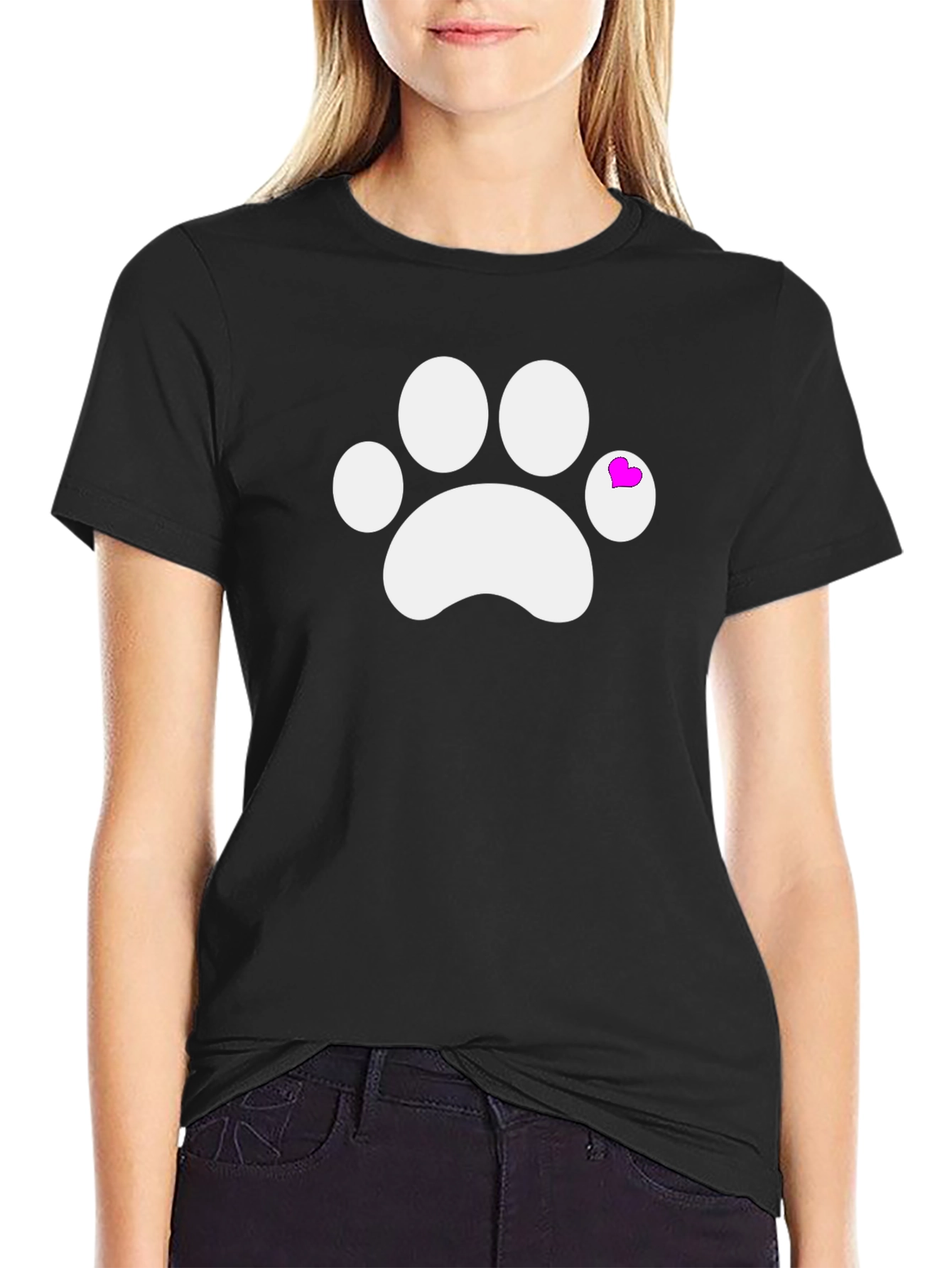 Cute Paw Print Tee with Heart Detail - Black