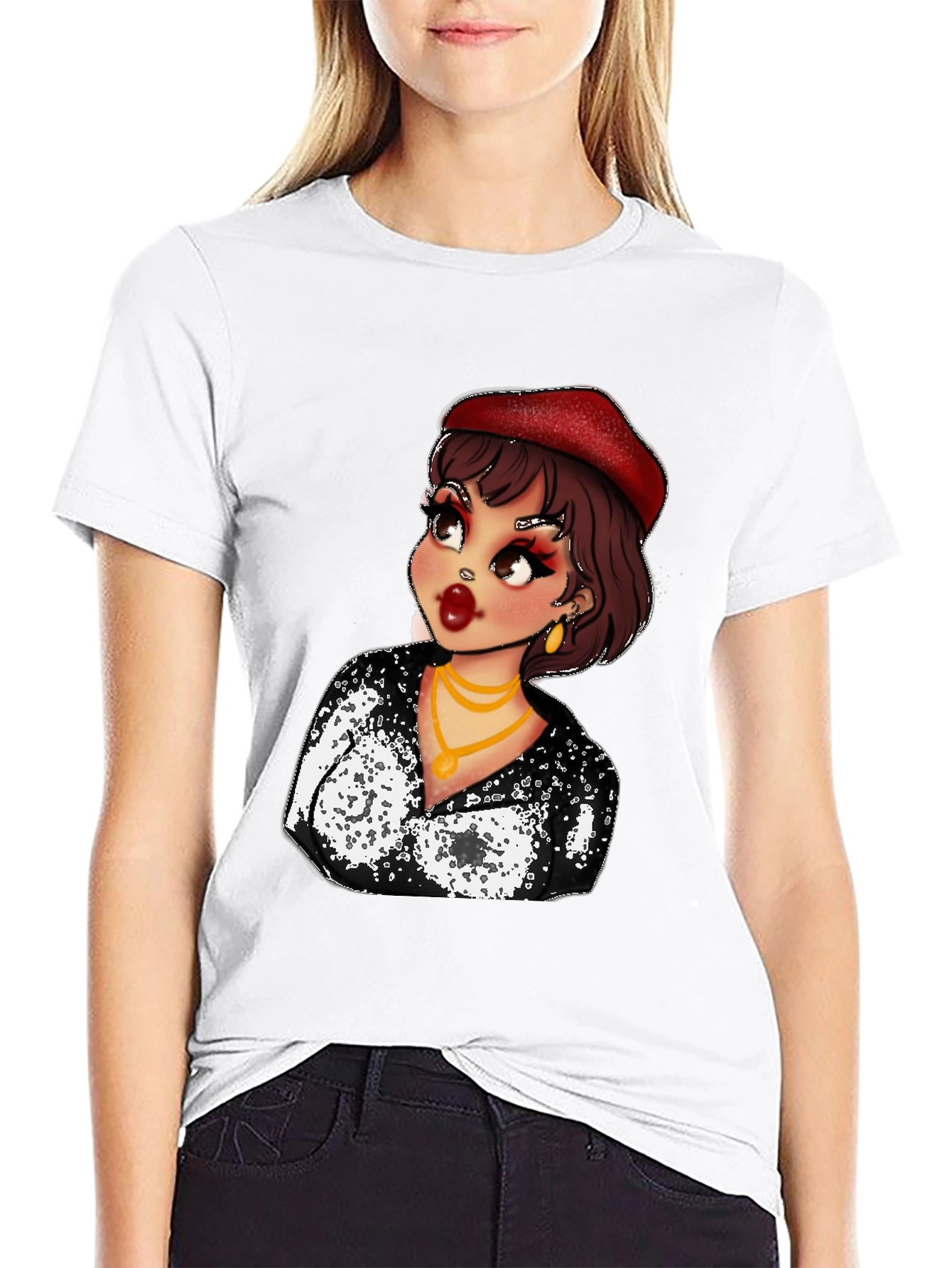 Cartoon Woman Graphic Tee - Black
