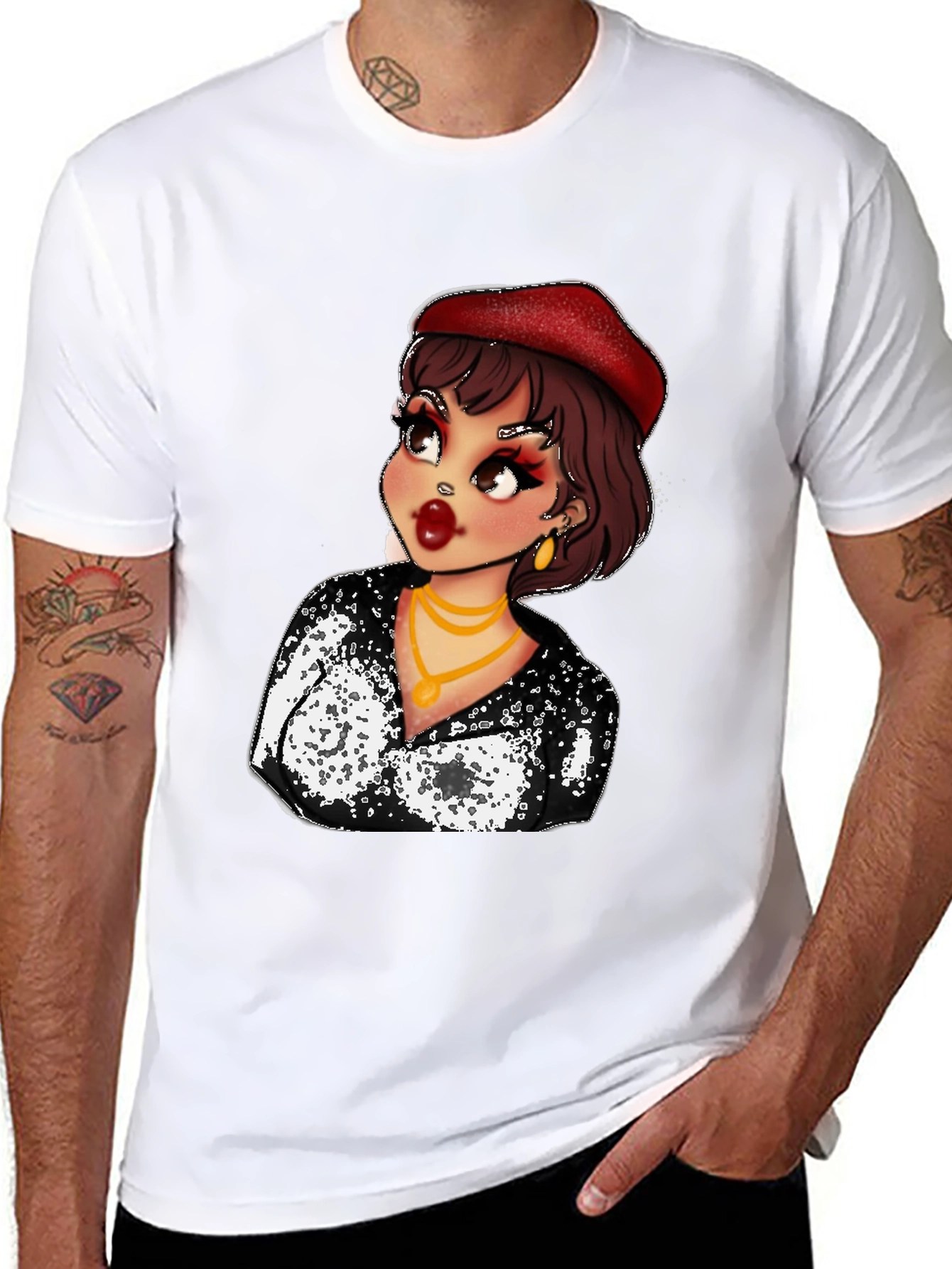 Cartoon Woman Graphic Tee - Black