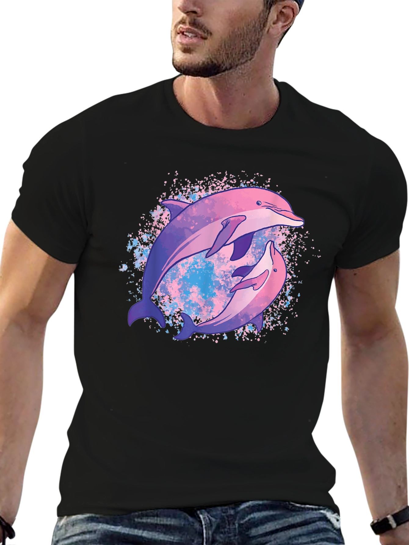 Dolphin Duo Black T-Shirt - Galaxy Design