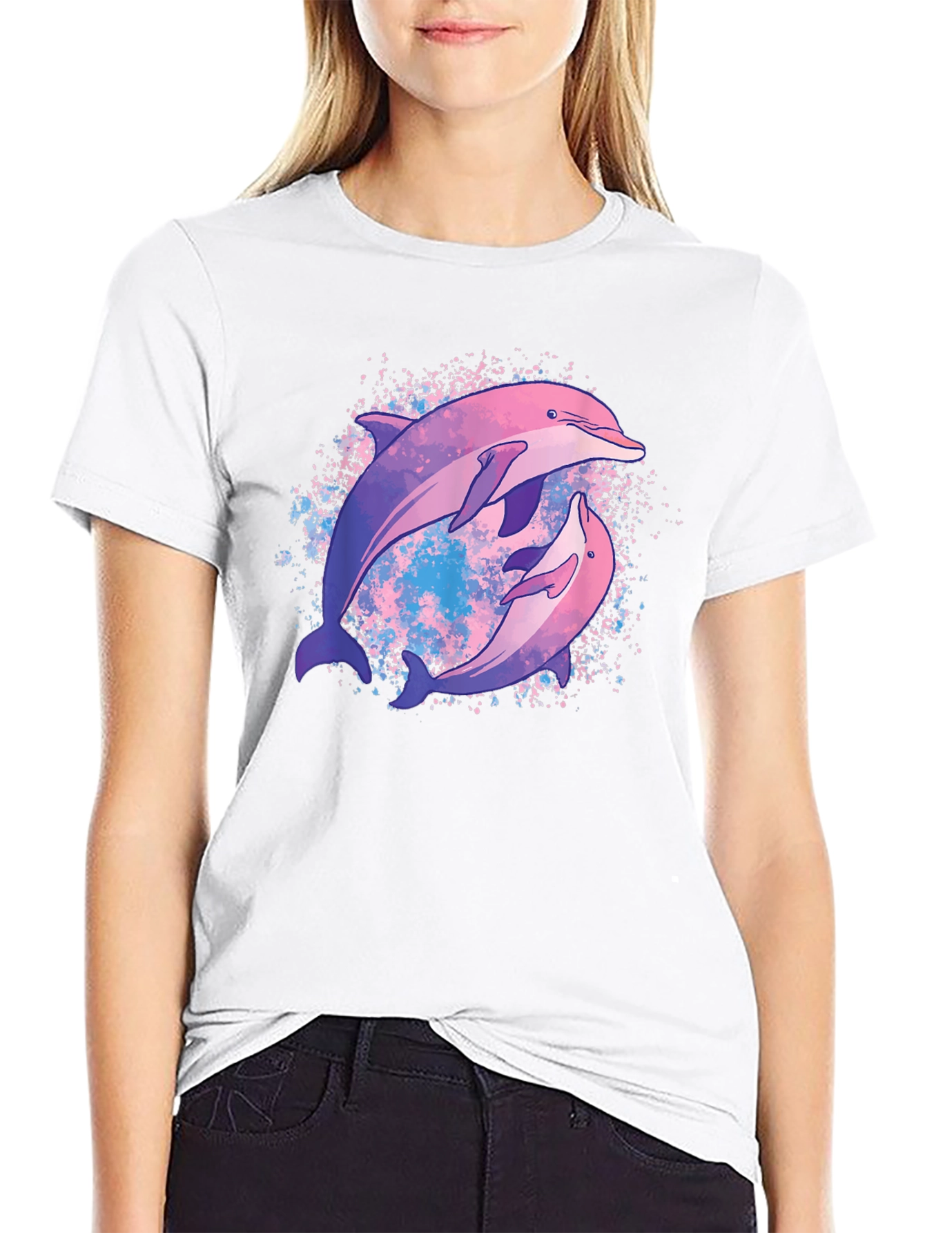 Dolphin Duo Black T-Shirt - Galaxy Design